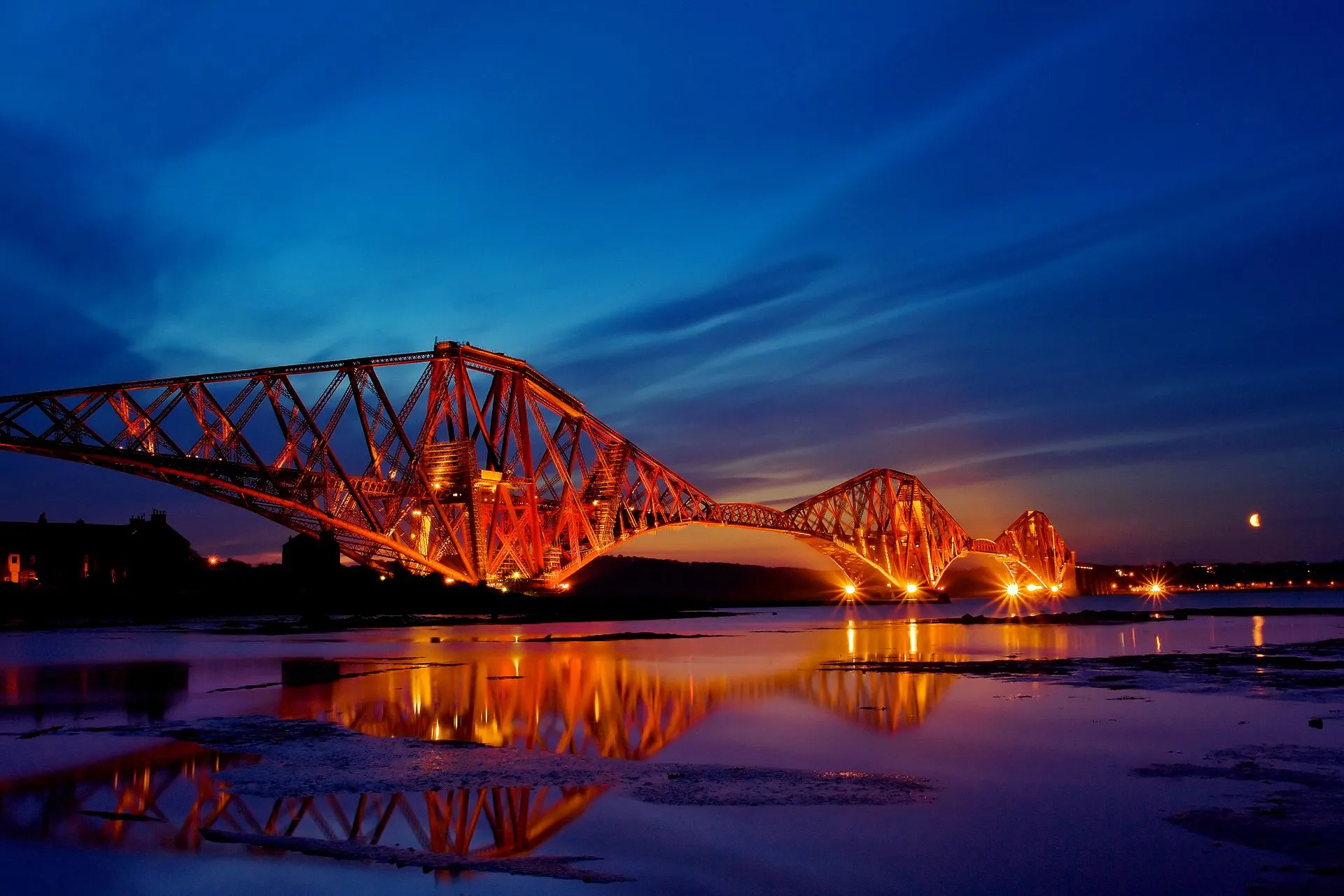 Desktop wallpaper: Edinburgh, Man Made, Forth Bridge, Bridge, Night, Scotland, Sunset, Bridges 4K free download for PC. 254059