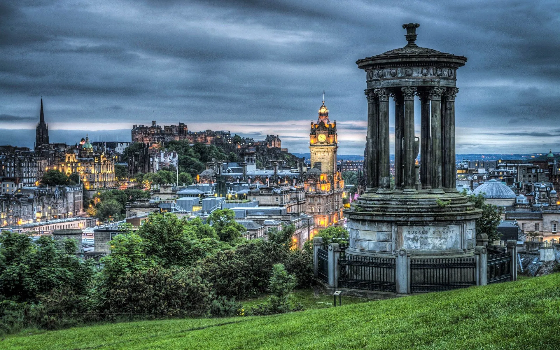 Wallpaper Edinburgh, Scotland, evening, trees, gazebo, city, lights, clouds 1920x1200 Picture, Image