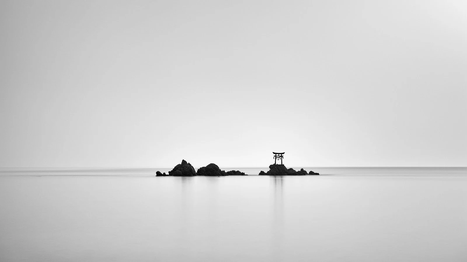Japanese Landscape, Torii Gate, Black And White, Ocean Scenery 5K Desktop Wallpaper