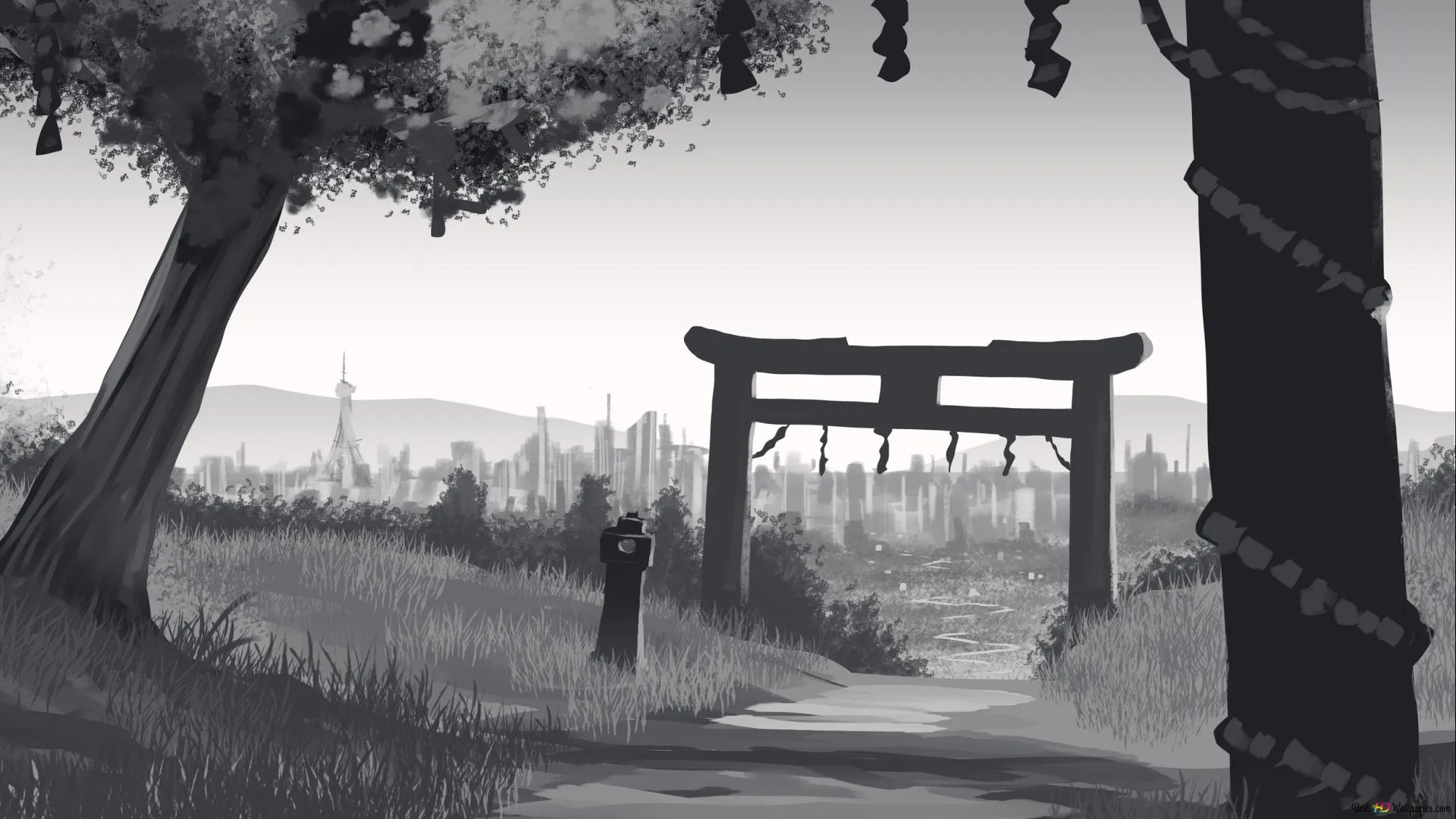 Torii (Black & White) 2K wallpaper download