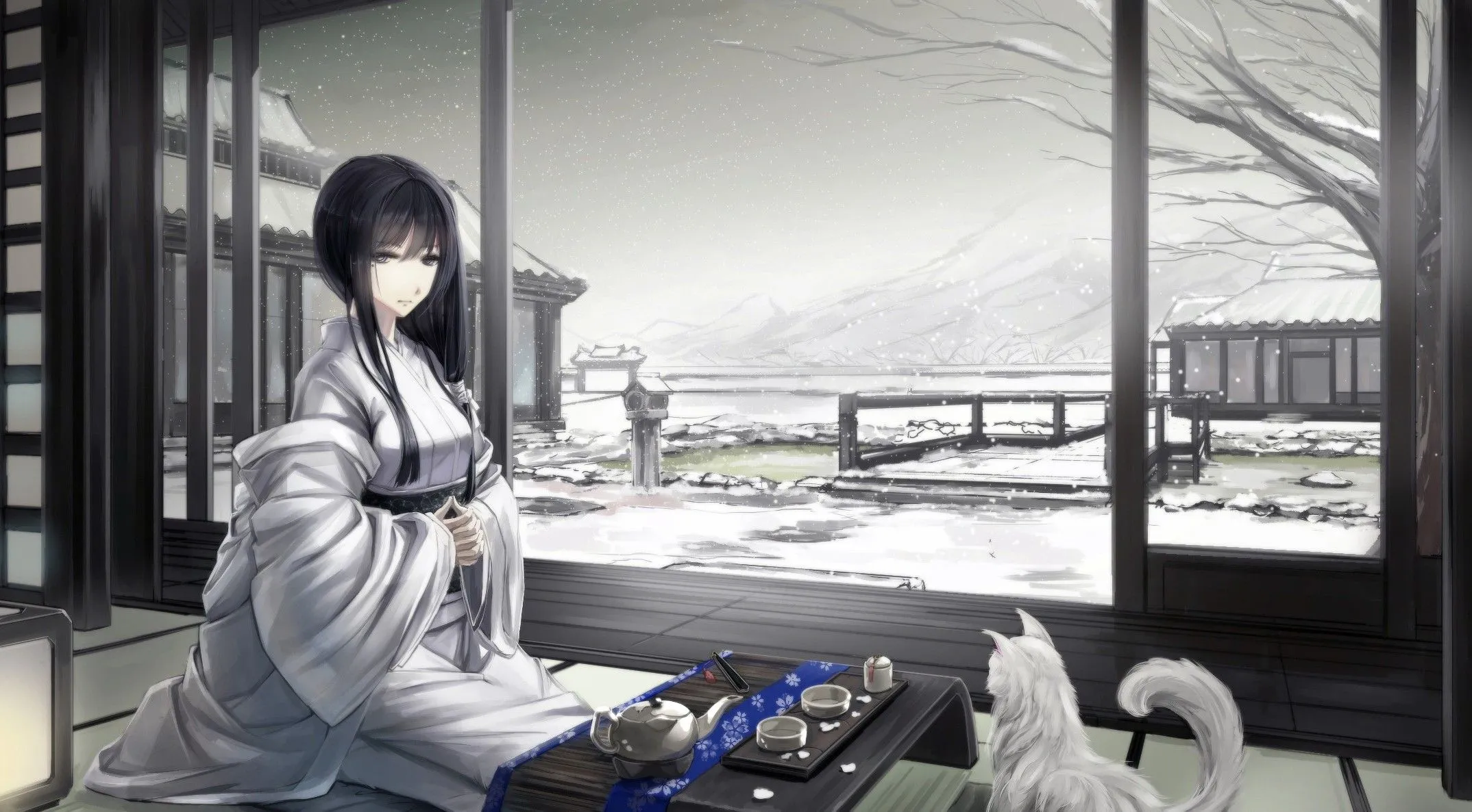 anime Girls, Original Characters, Japanese Clothes, Asian Architecture, Cat, Snow, Kimono, Winter, Black Hair, Japanese, Traditional Clothing Wallpaper HD / Desktop and Mobile Background
