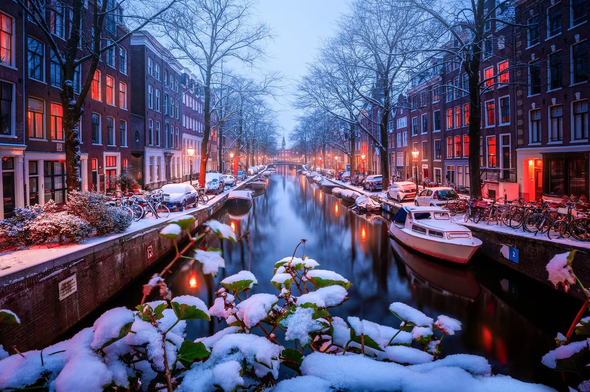 Wallpaper leaves, snow, trees, branches, bike, boat, Amsterdam, boat for mobile and desktop, section город, resolution 1920x1277