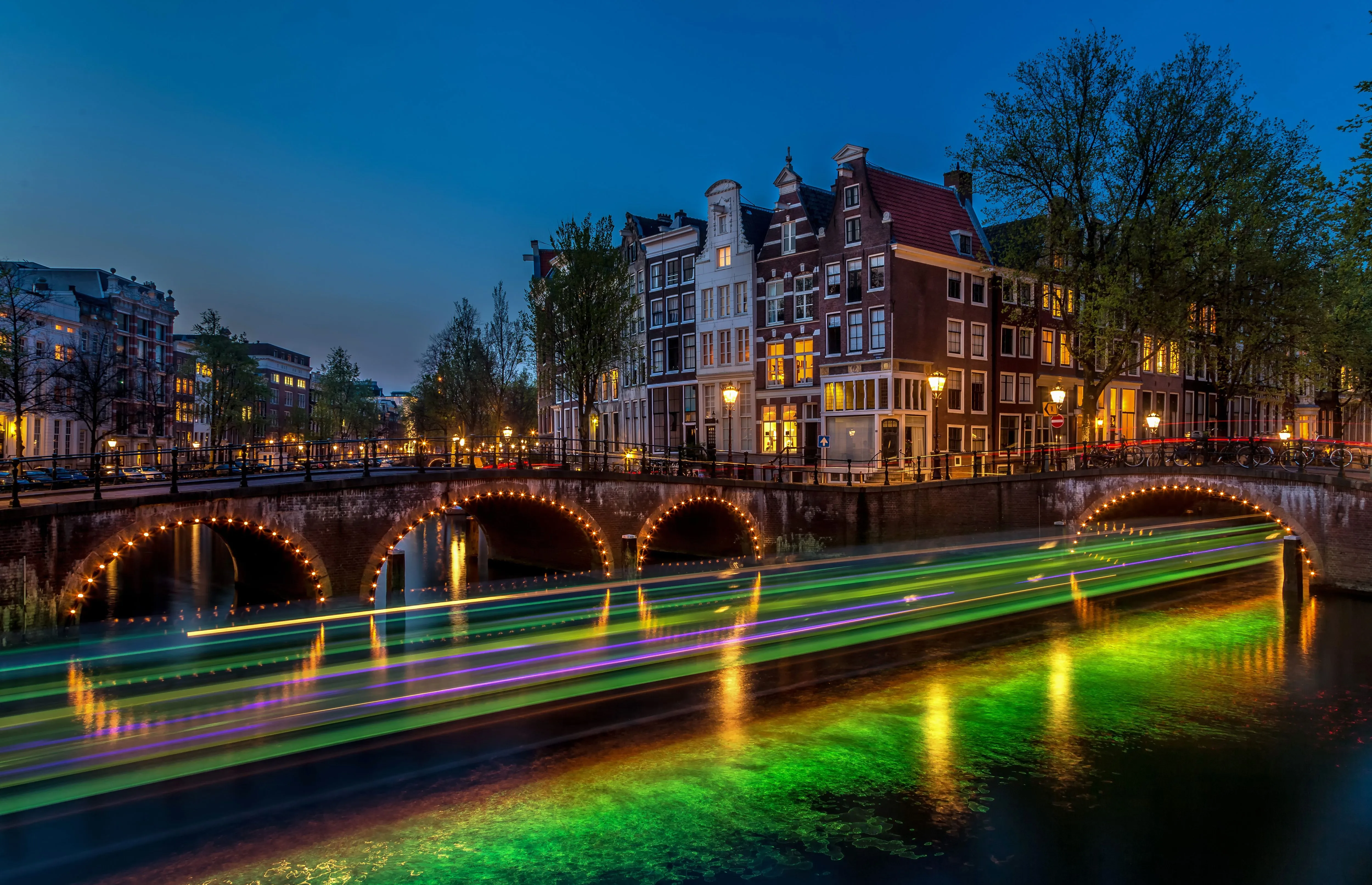 Bridge and night buildings in Amsterdam, Netherlands Desktop wallpaper 1920x1080