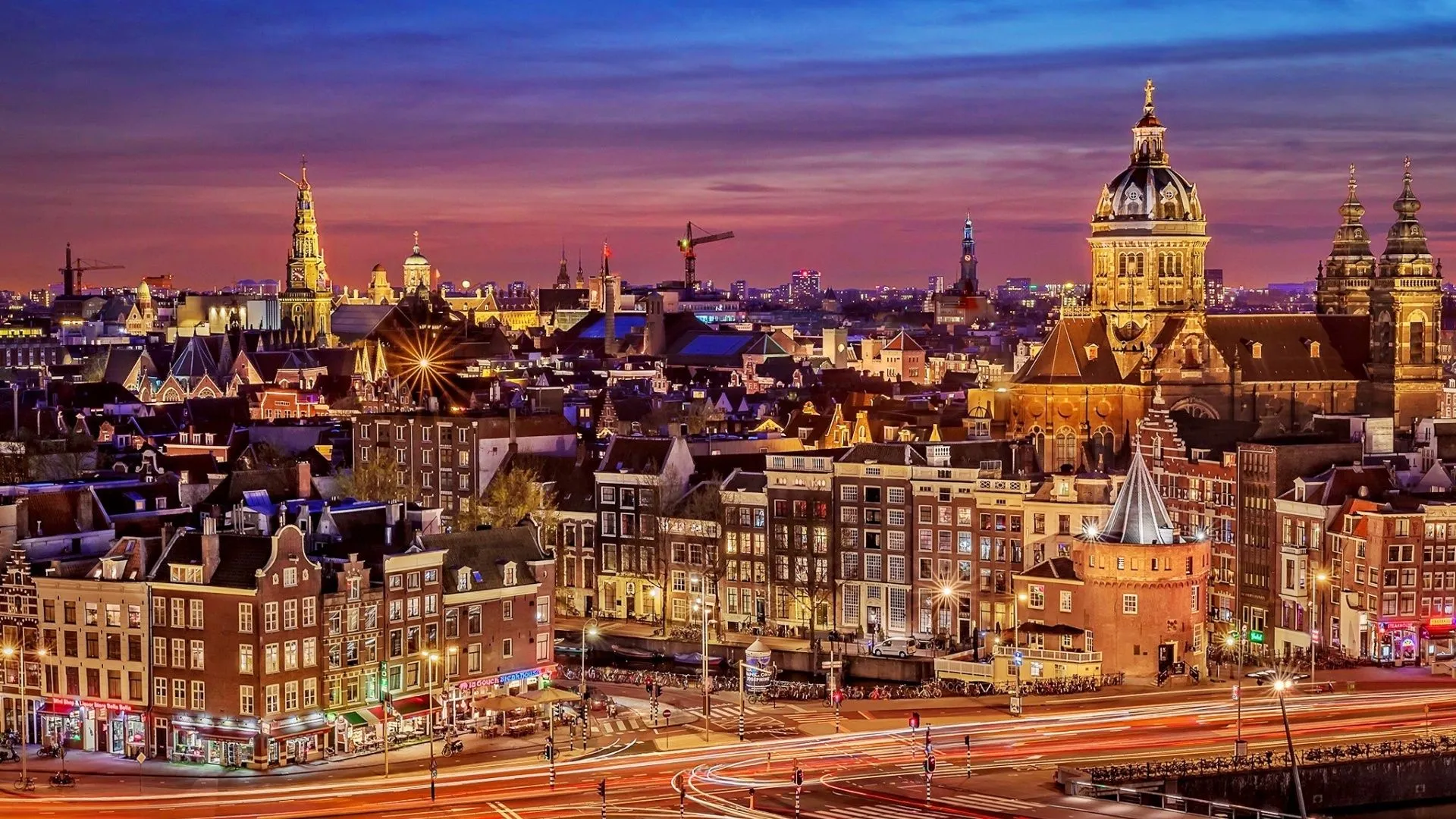 Desktop wallpaper: Amsterdam, Man Made, Architecture, Building, City, Cityscape, Night, Cities 4K free download for PC. 376225