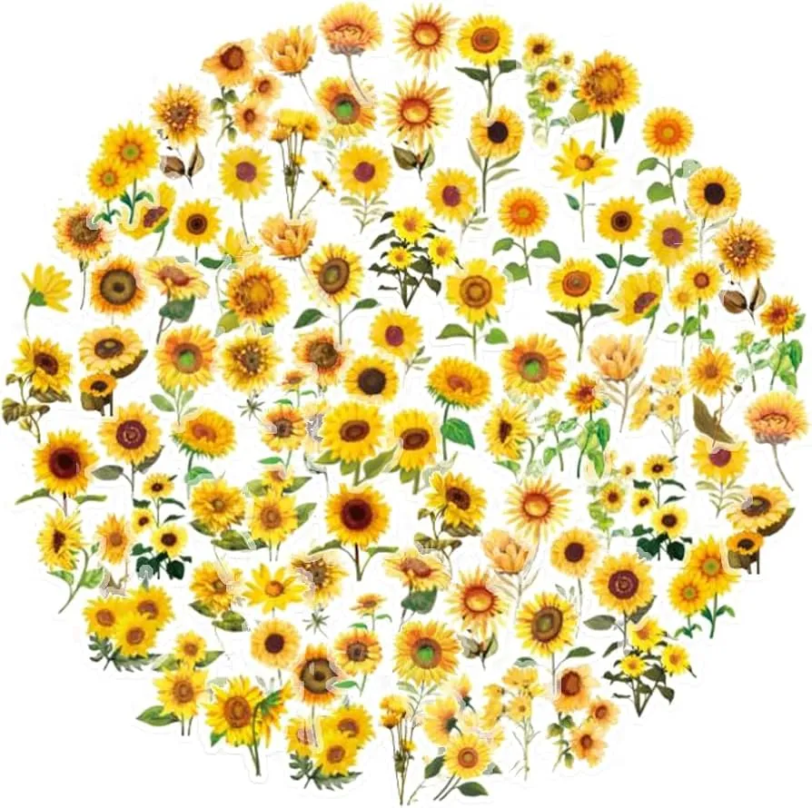 Obujopal 100Pcs Small Sunflower Stickers Transparent for Scrapbooking Water Bottle Laptop Junk Journal Collage Card Making Phone Case Envelope Planner DIY Crafts, 50 Designs