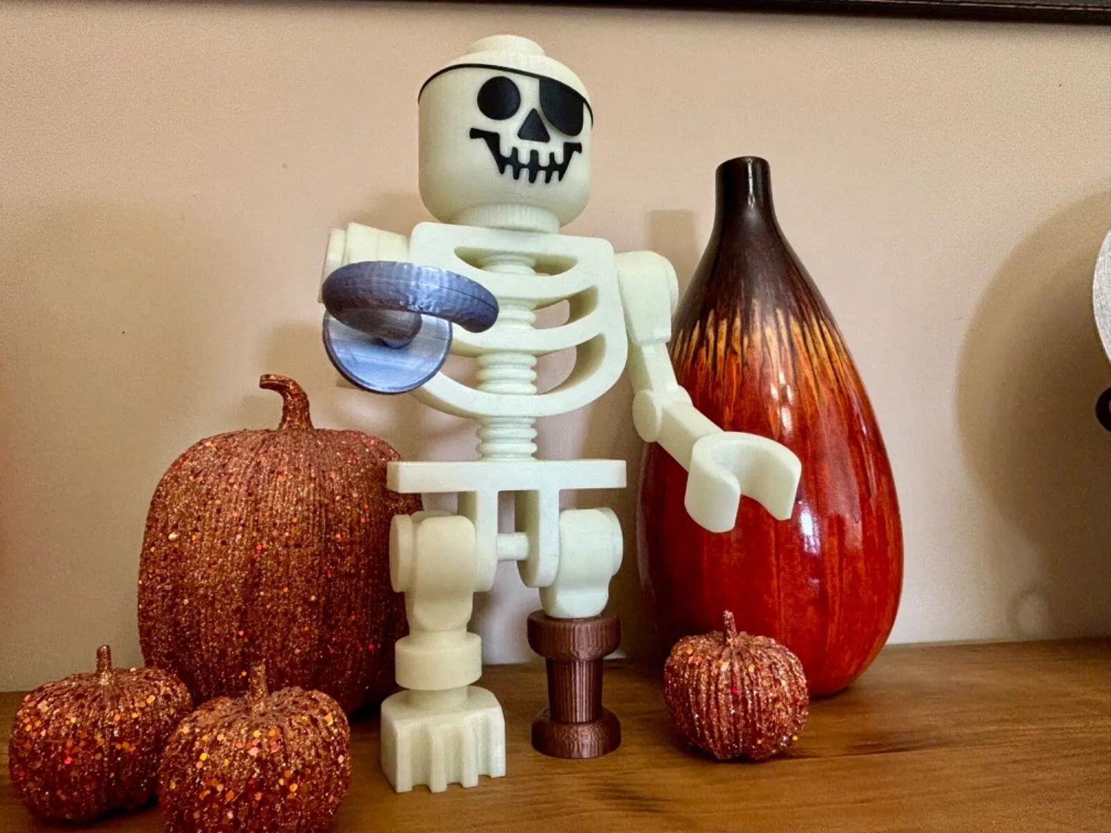 Giant Lego Skeleton Halloween Decor, 16in 3D Printed Minifigure, Spooky Decor