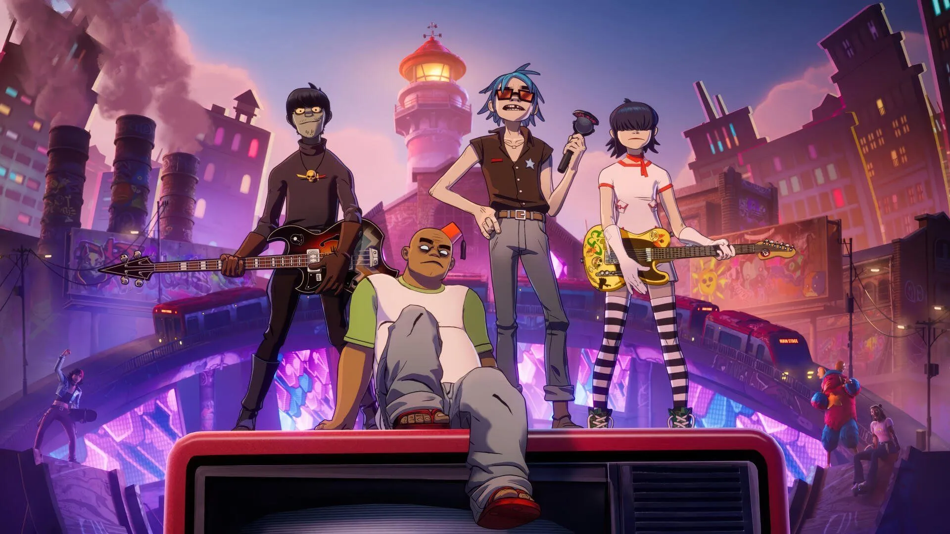 Gorillaz Neon Nights Band Illustration Wallpaperx2160