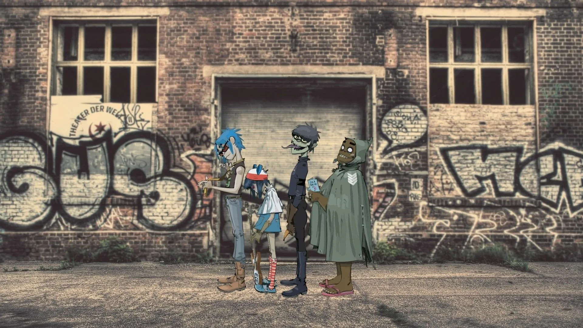 Gorillaz Characters In Front Of Graffiti Covered Building HD Wallpaper