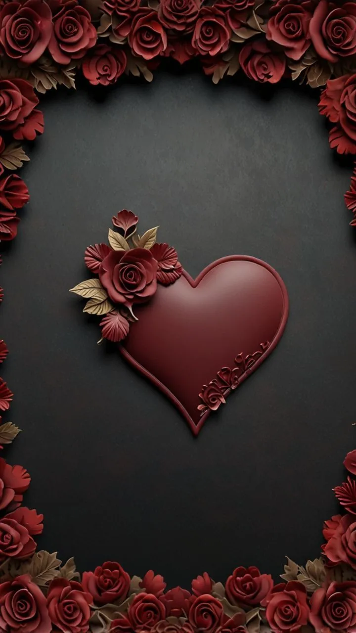 Heart. Matte maroon heart with aesthetic vintage floral arrangement, vintage style heart wallpaper for phone