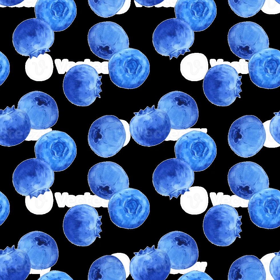 Watercolor seamless pattern with natural fresh blueberries. Bright blue, ripe berries on a transparent background. Illustration with wild bilberries for printing on fabric, wallpaper, packaging. PNG