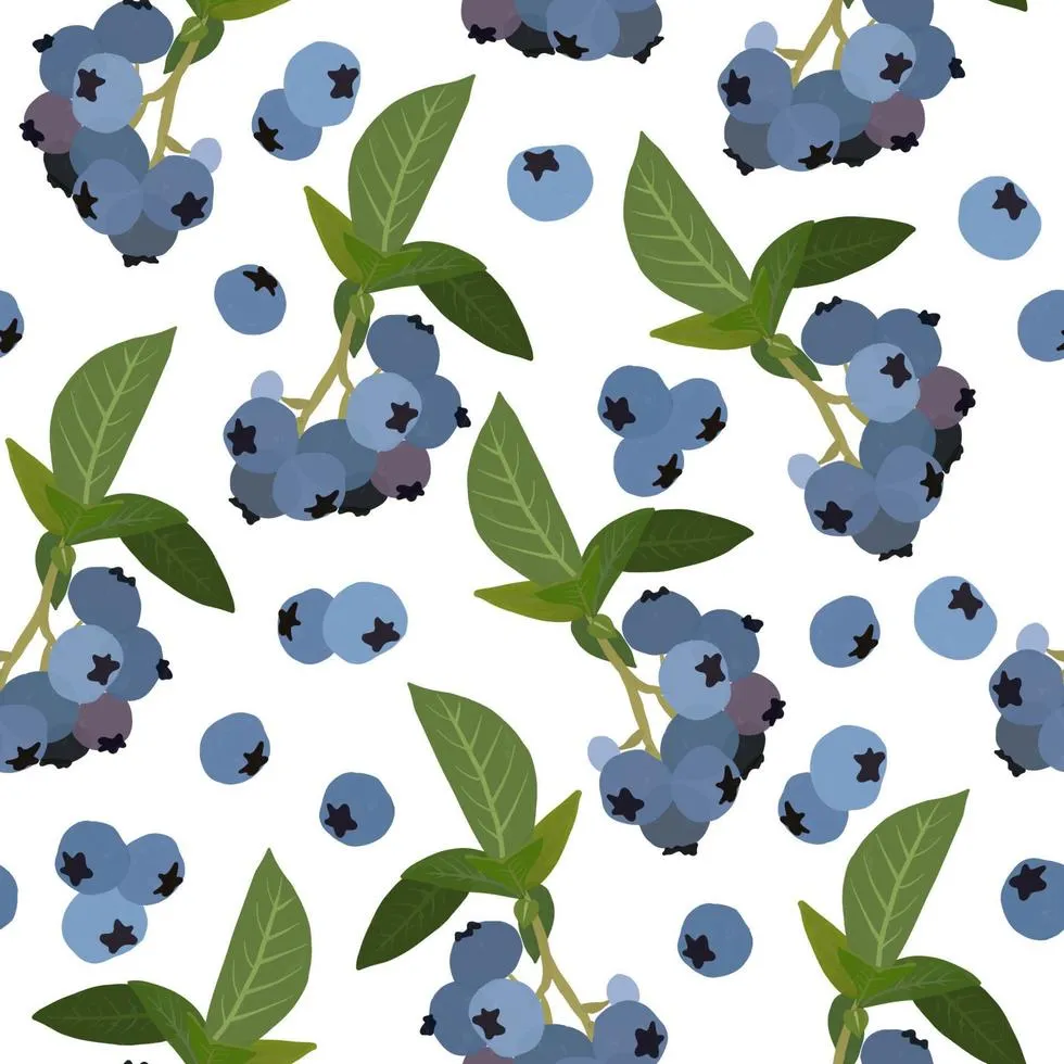 Blueberries with green leaves gouache flat illustrations seamless pattern. Green leaves and berries isolated on white background for wrapping paper, wallpaper, fabric