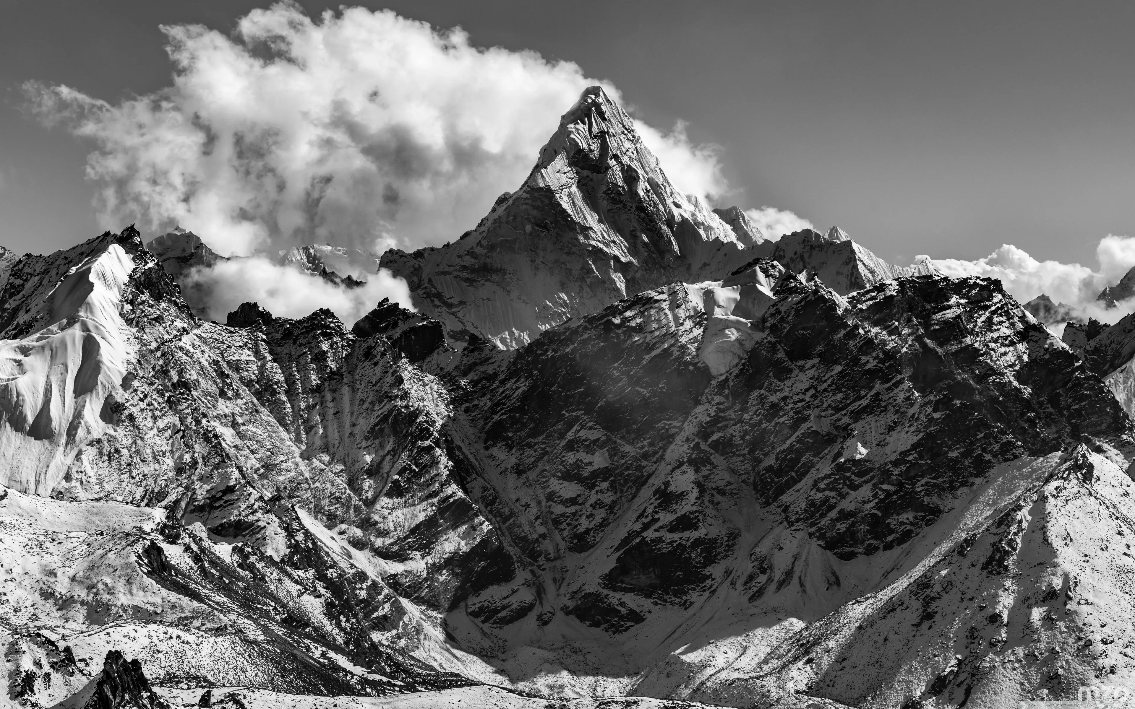 Ama Dablam, Mountain, Himalayas, Nepal, Black and White 4K UHD Wallpaper for UltraHD Desktop and TV, Widescreen and UltraWide Display