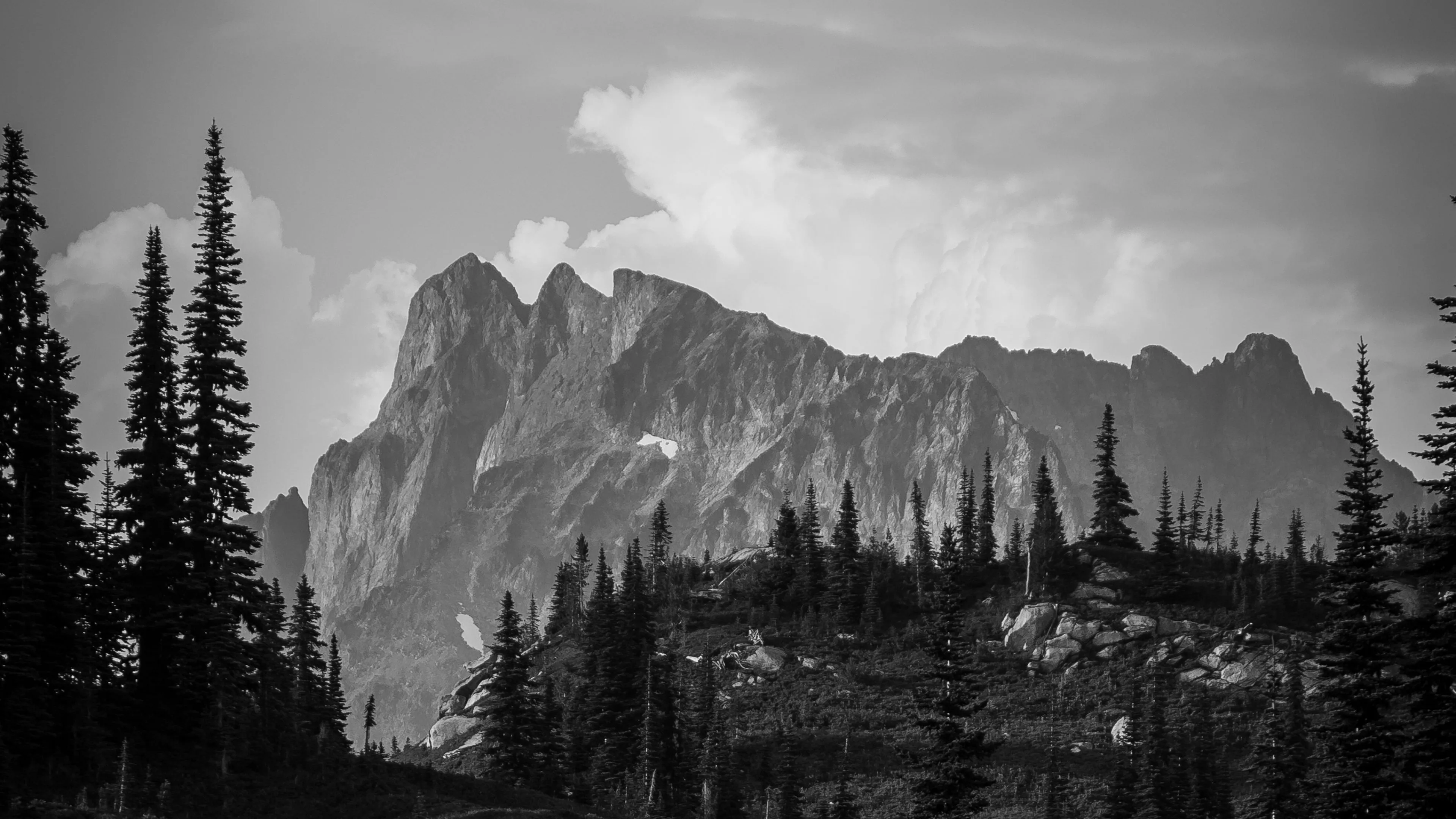 Download wallpaper 3840x2160 mountains, rocks, trees, valley, nature, black and white 4k uhd 16:9 HD background