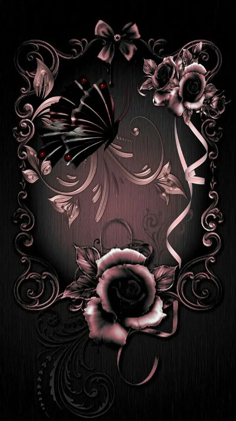 Gothic, black, butterfly, heart, pattern, pink, rose, HD phone wallpaper