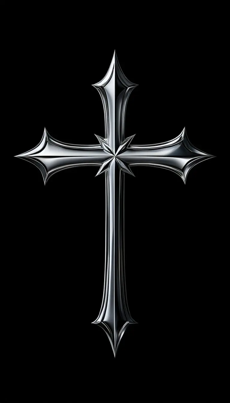 Polished Silver Gothic Cross Artwork on Black Background Mobile Wallpaper