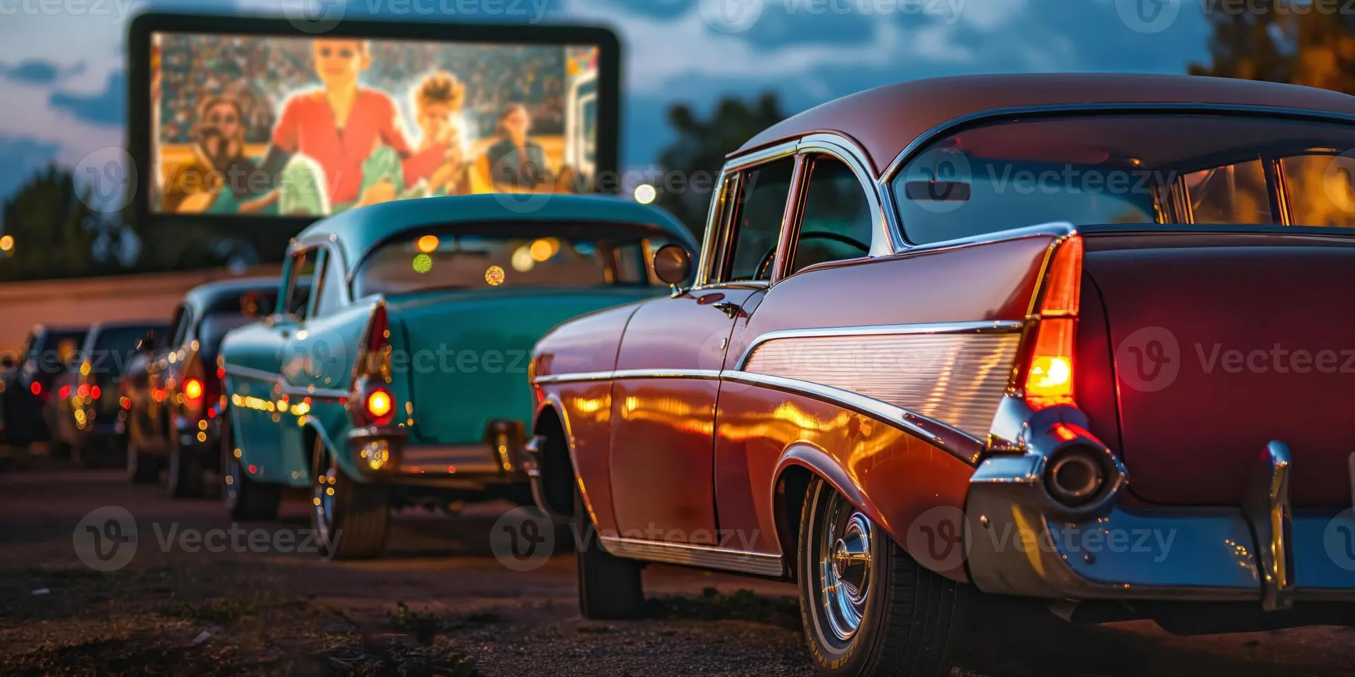 Retro DriveIn Movie Night with Classic Cars Under Evening Sky