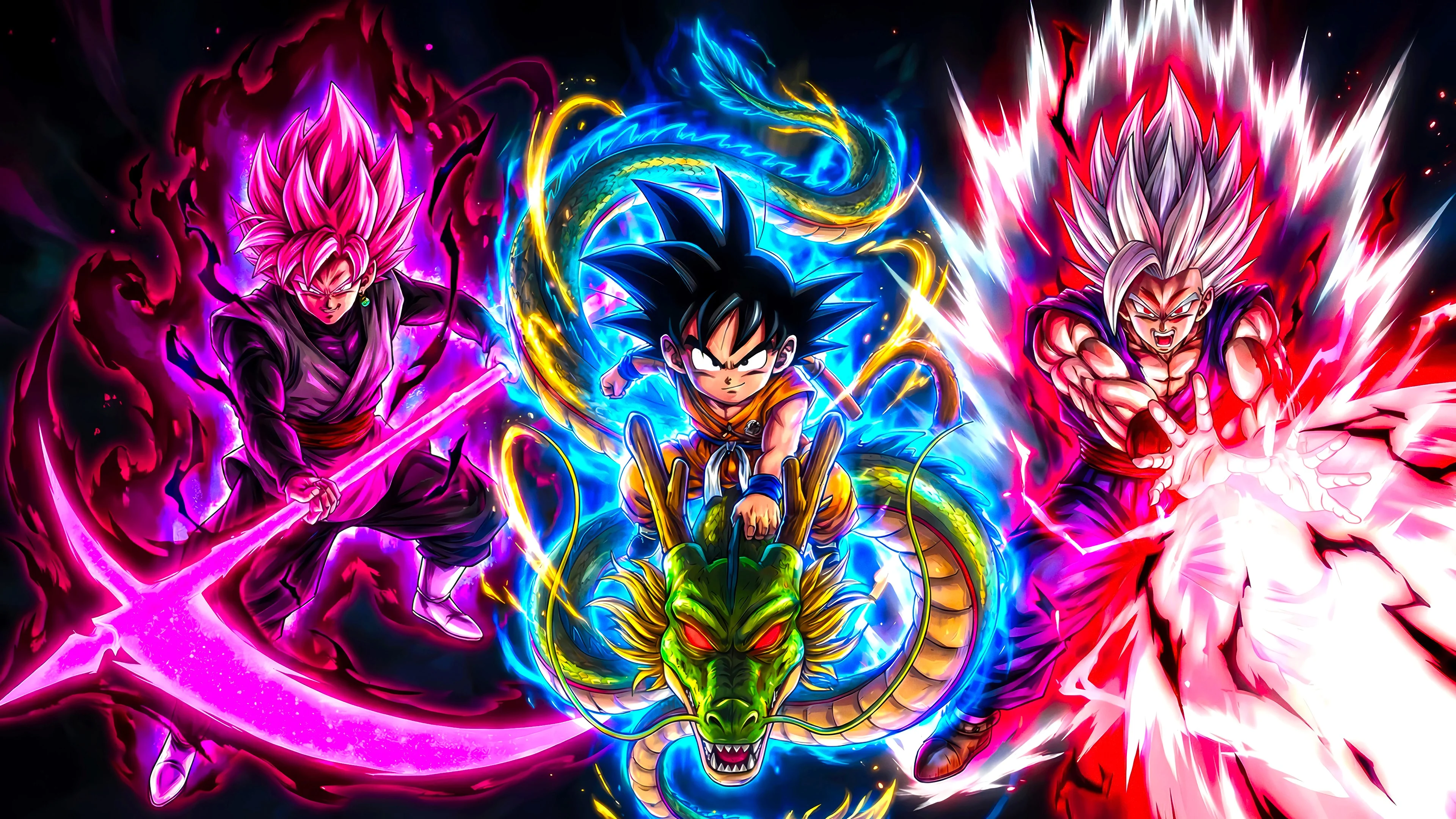 Goku with Shenron, Goku Black, and Beast Gohan Anime Wallpaper 4K for Desktop