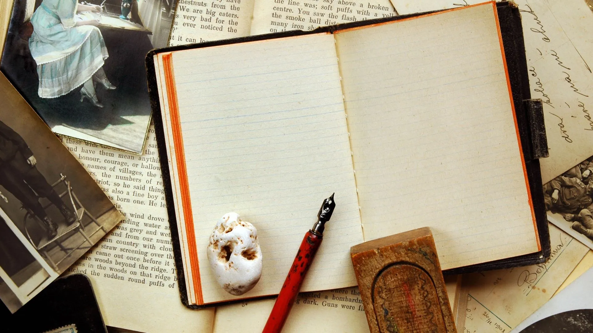 Old books with a photo on the table with an old pen Desktop wallpaper 1920x1080