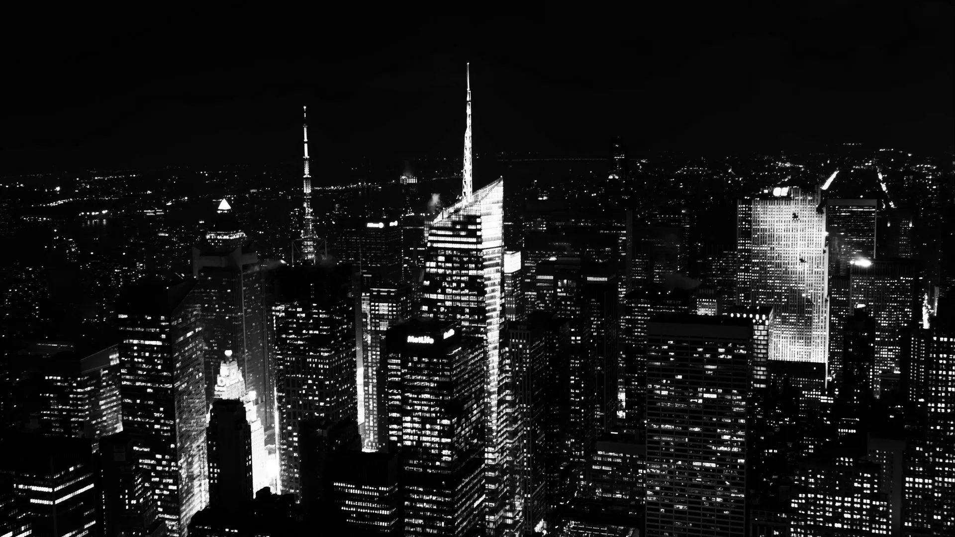 Download wallpaper 1920x1080 night city, skyscrapers, buildings, aerial view, new york, black and white full hd, hdtv, fhd, 1080p HD background