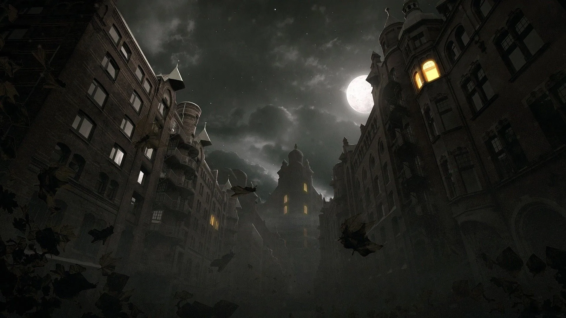 A dark street of a fantastic city