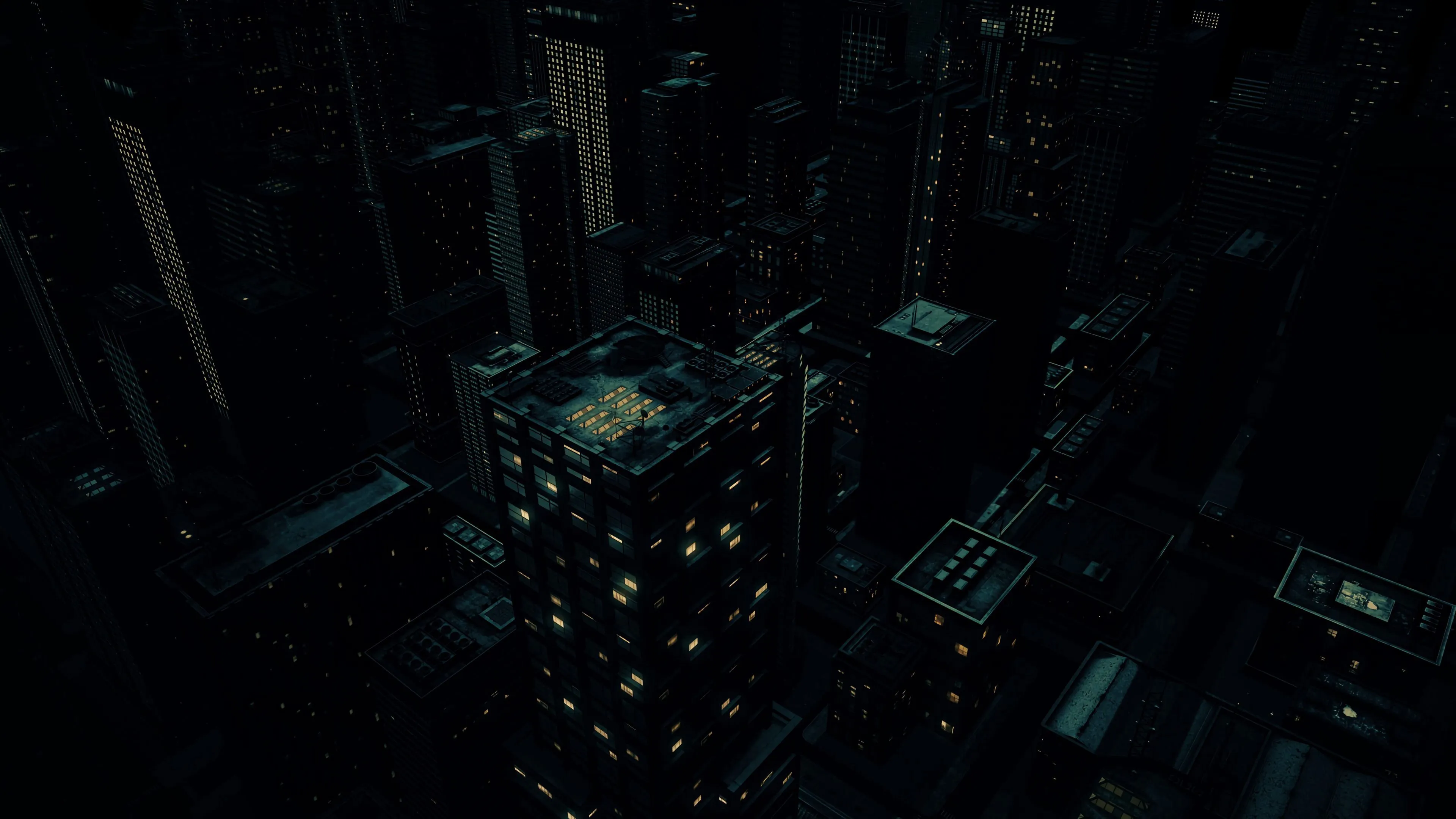 Desktop wallpaper: Night City, Art, Building, View From Above, Dark 4K free download for PC. 105983