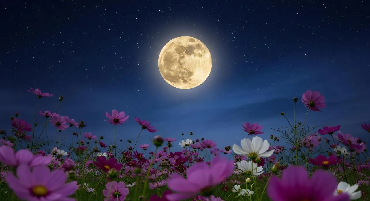Nature background, Nature wallpaper, Full moon shines brightly over a field of cosmos flowers under a star filled night sky