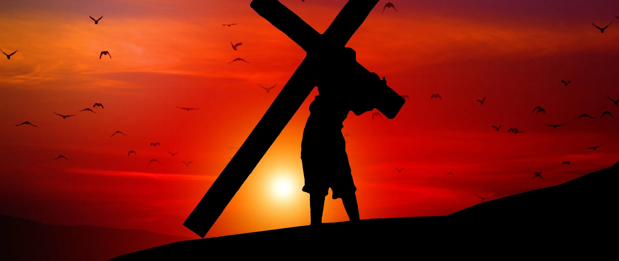 Jesus Cross Wallpaper 4K, Sunset, Orange sky, Silhouette