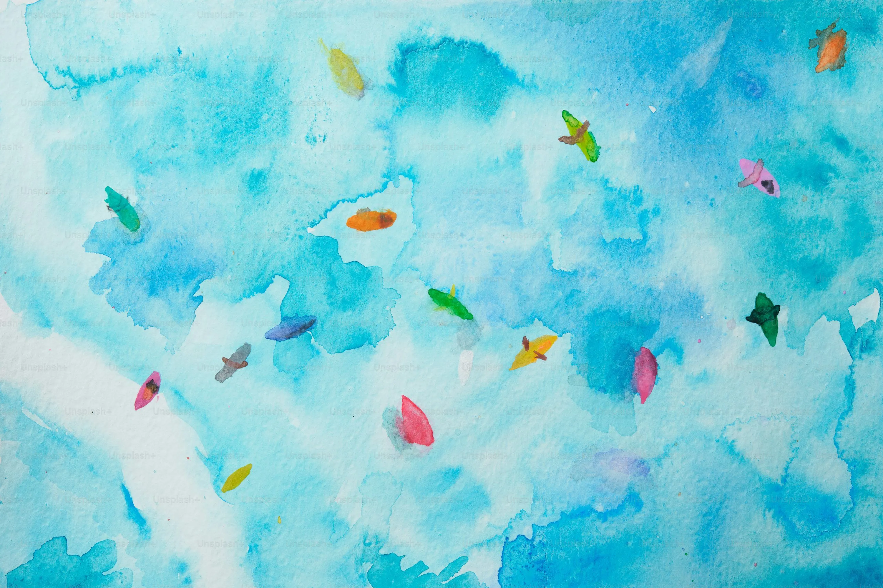 Watercolor painting of blue and colorful shapes. photo