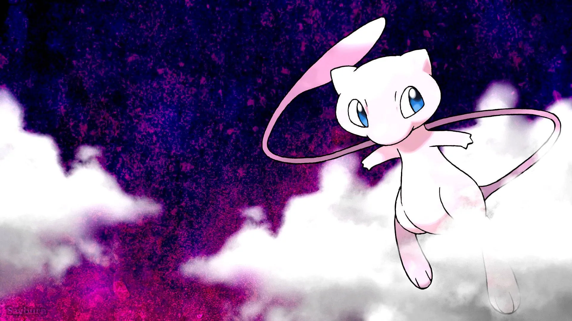 Download 'A Creature from the Heavens: Mew in a Dreamy Cloudy Sky' Wallpaper