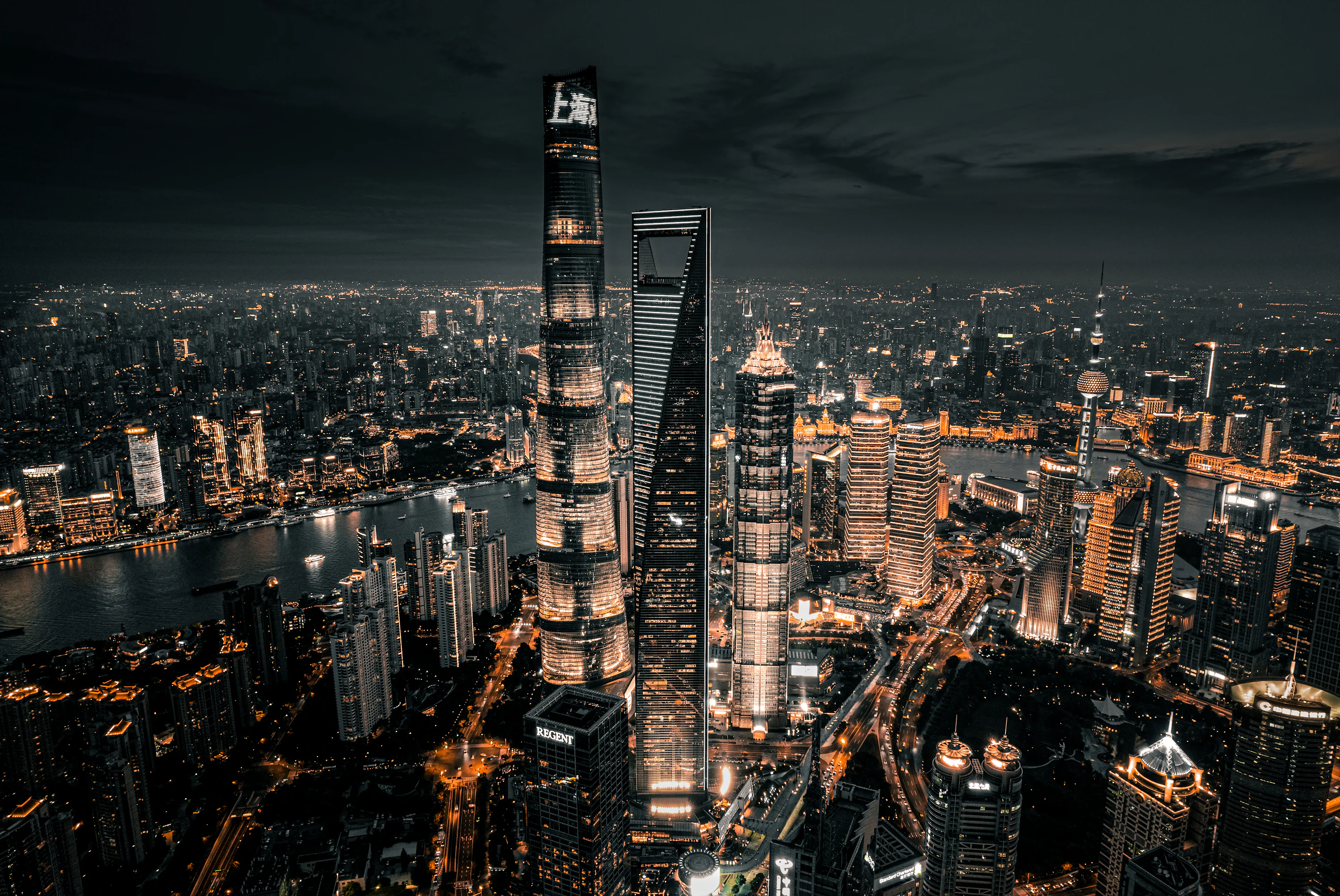 Aerial view of city buildings during night time photo
