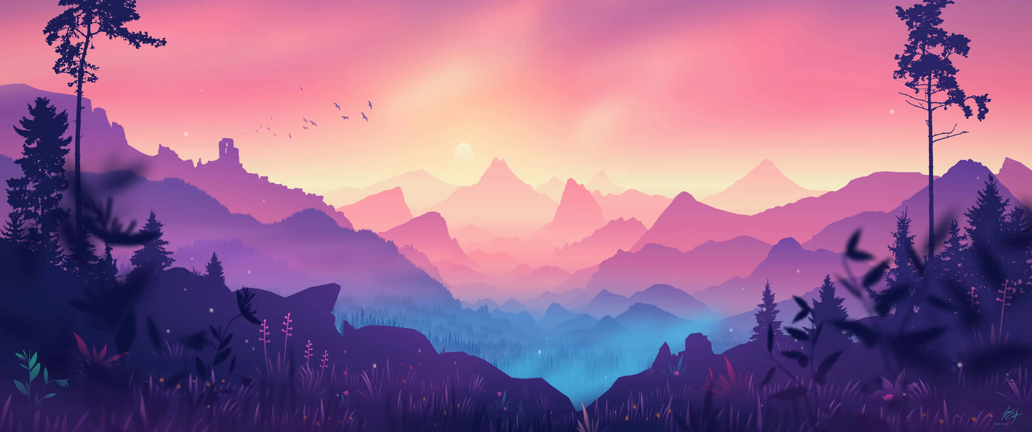 Download A Purple And Pink Landscape With Mountains And Trees Wallpaper