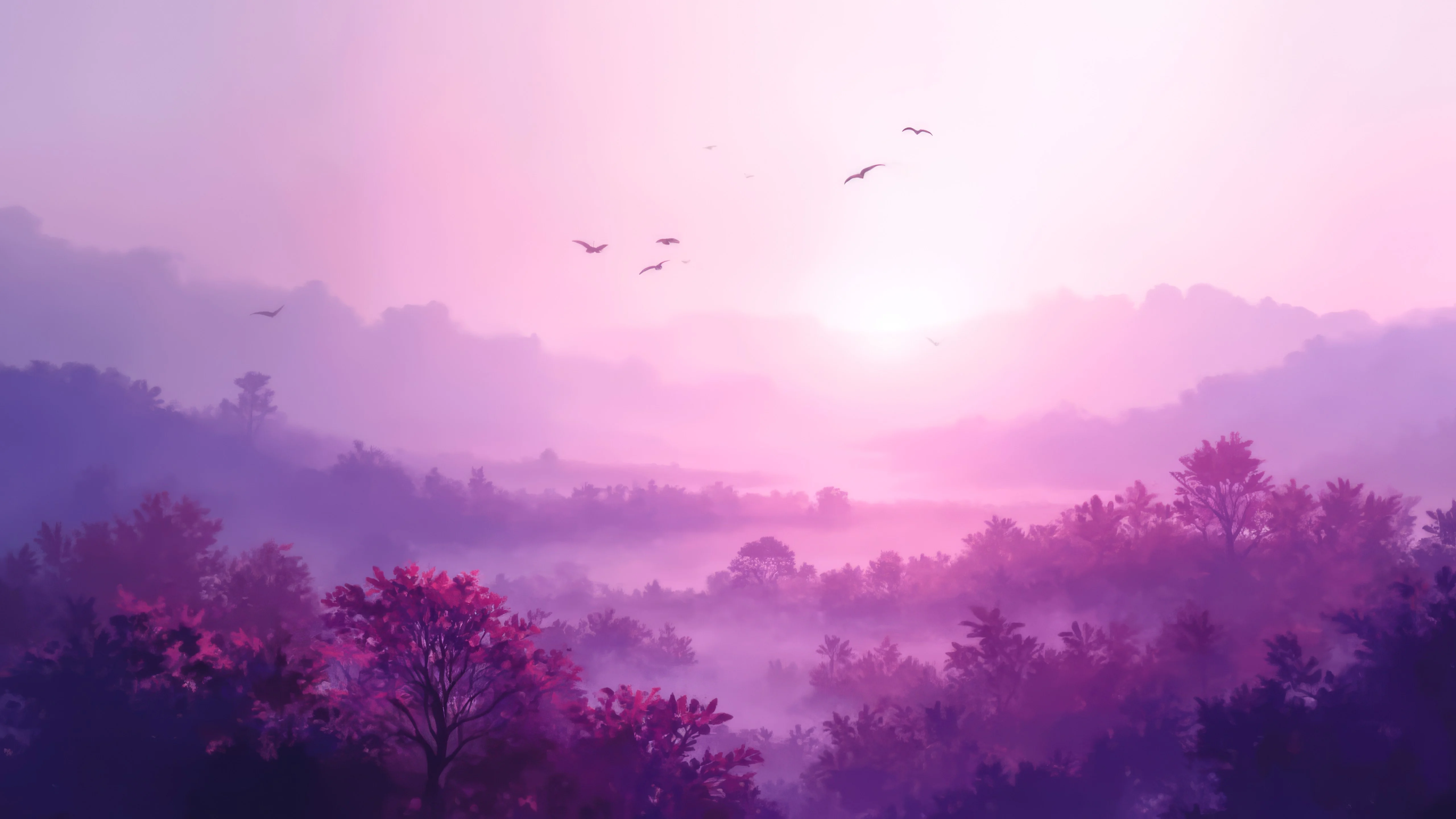 Purple and pink nature landscape with clouds and mist Wallpaper 4K for Desktop