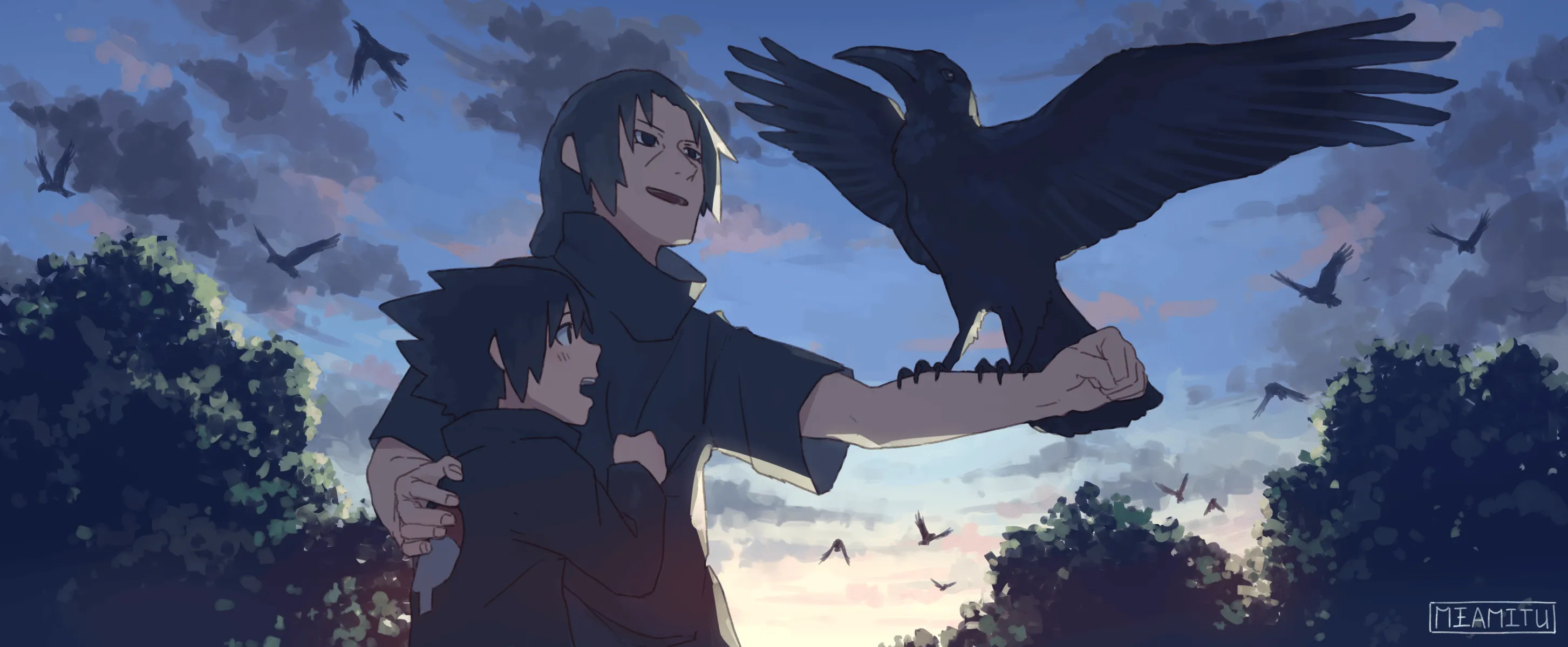 Itachi And Sasuke Uchiha With Crow At Sunset HD Wallpaper