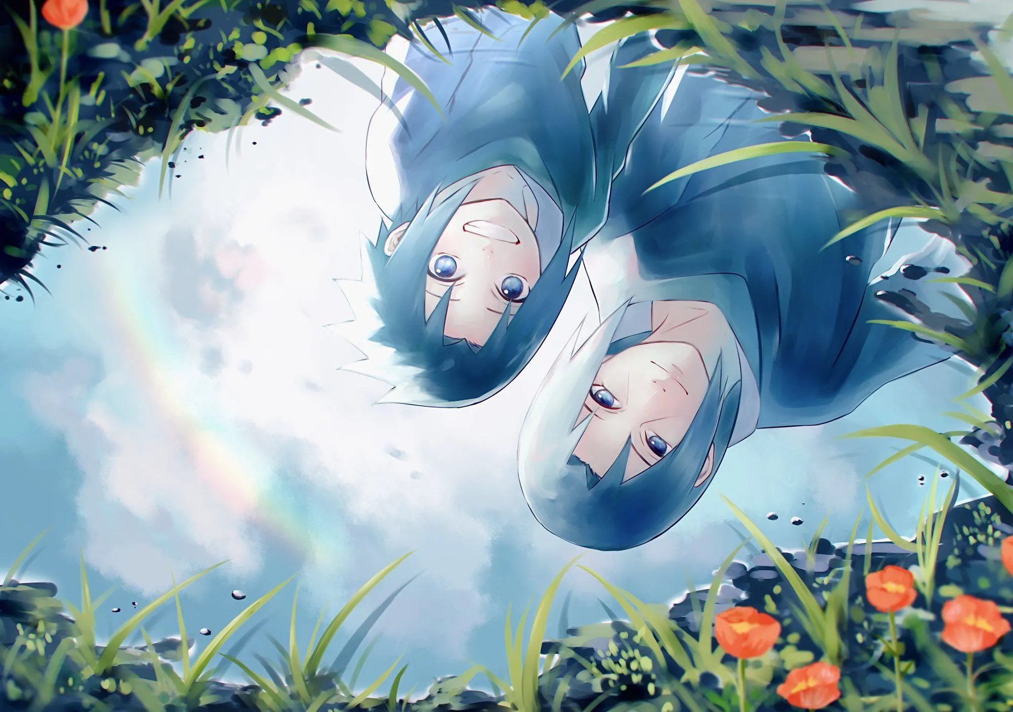 Desktop wallpaper: Sasuke Uchiha, Anime, Naruto, Black Hair, Itachi Uchiha, Rainbow, Reflection, Smile, Water 4K free download for PC. 493203