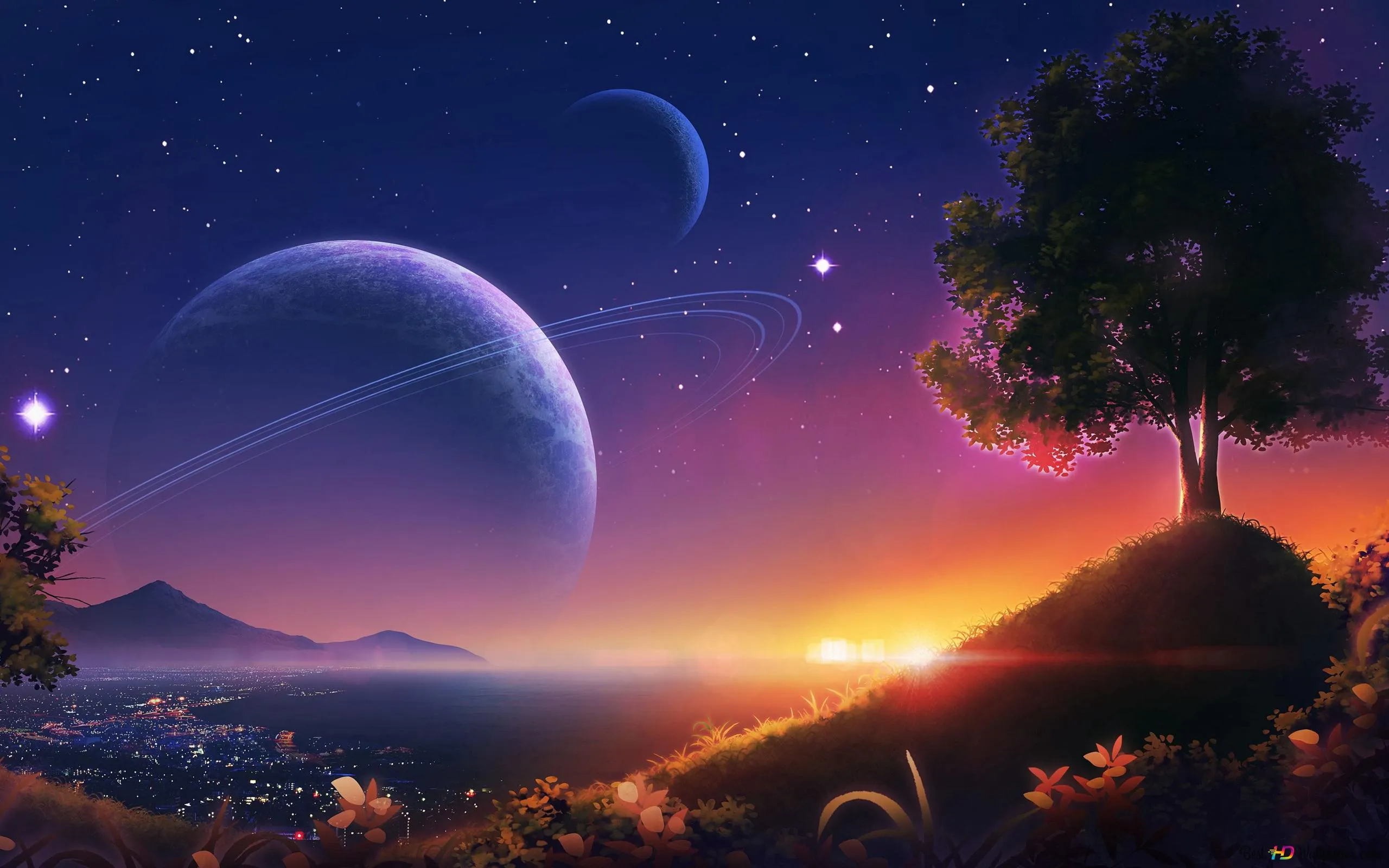 Magnificent view of nature and full moon and daylights together 4K wallpaper download