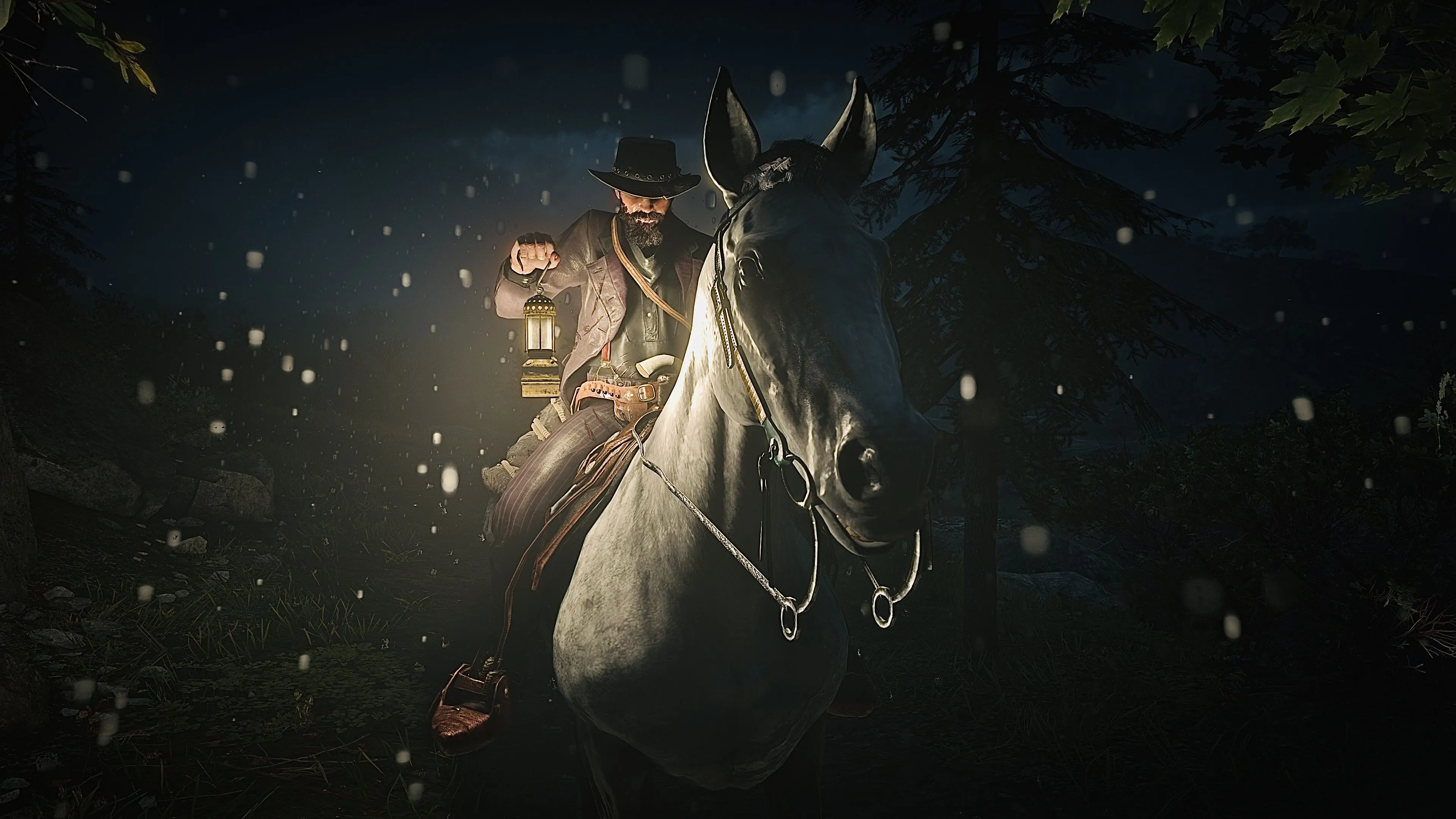Wallpaper HDR, game, rain, trees, night, horse, lamp, John Marston for mobile and desktop, section игры, resolution 3840x2160
