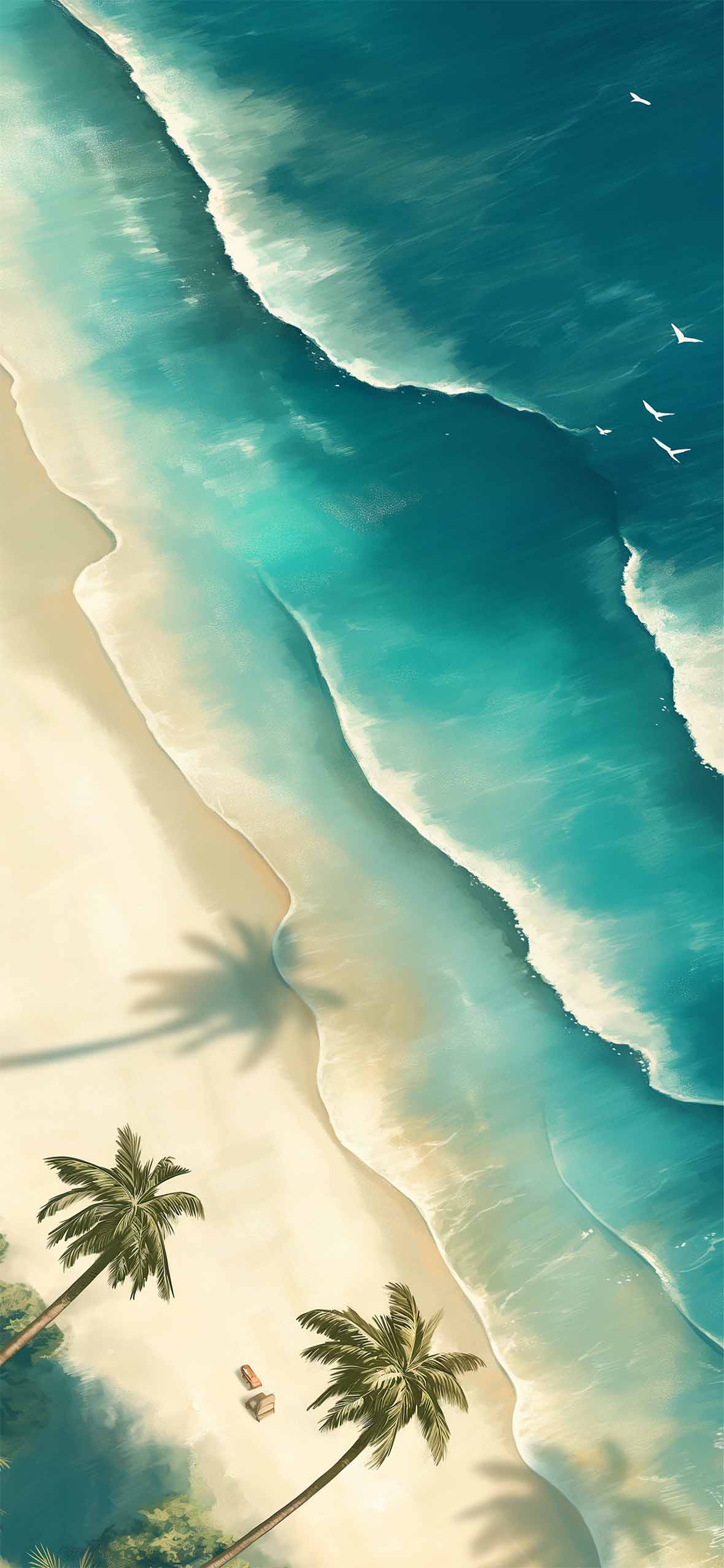 Aerial Tropical Beach Palm Trees Ocean Waves Wallpaper