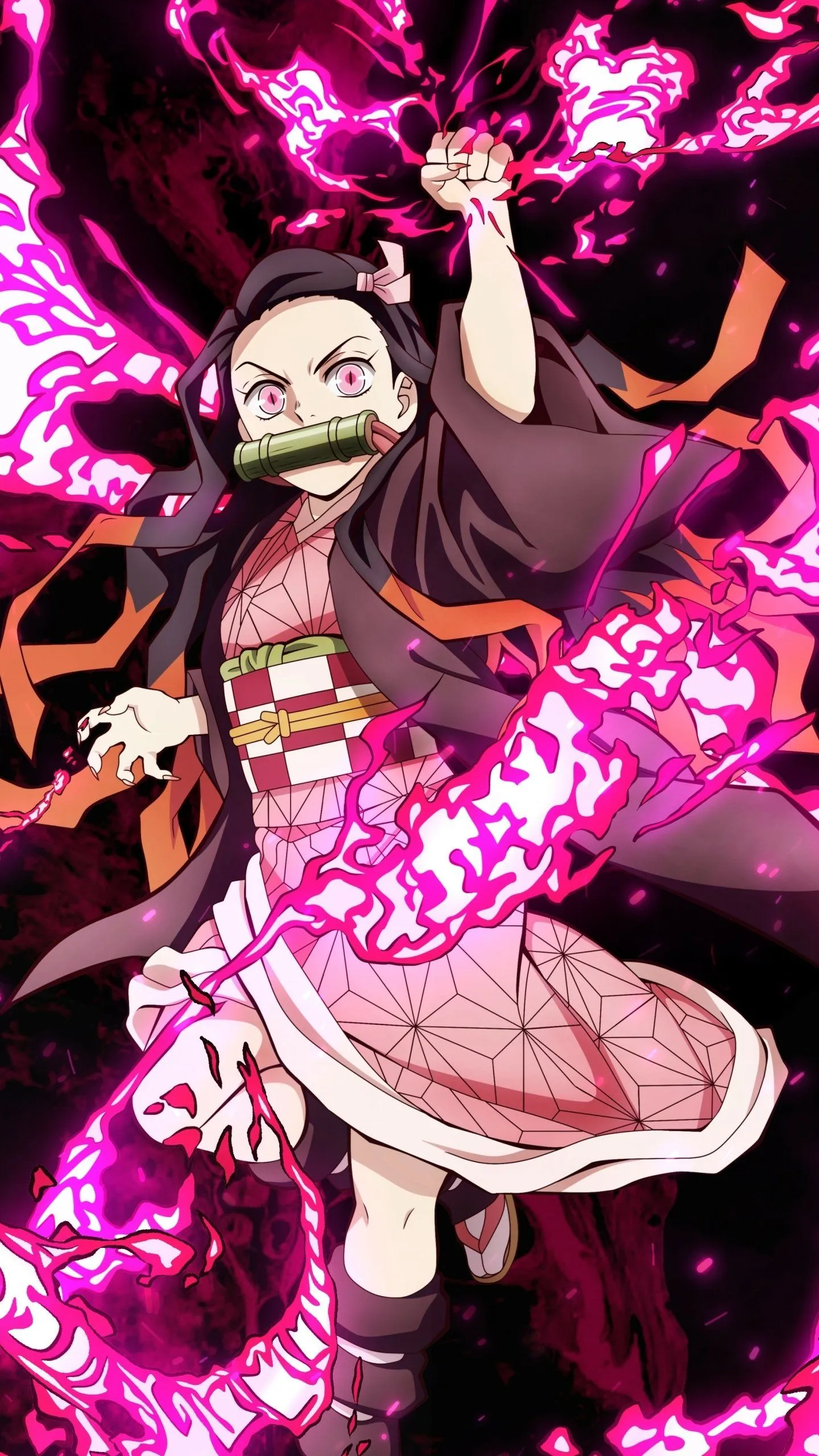 Nezuko Kamado Fierce Flame. Demon Slayer Anime Phone Wallpaper