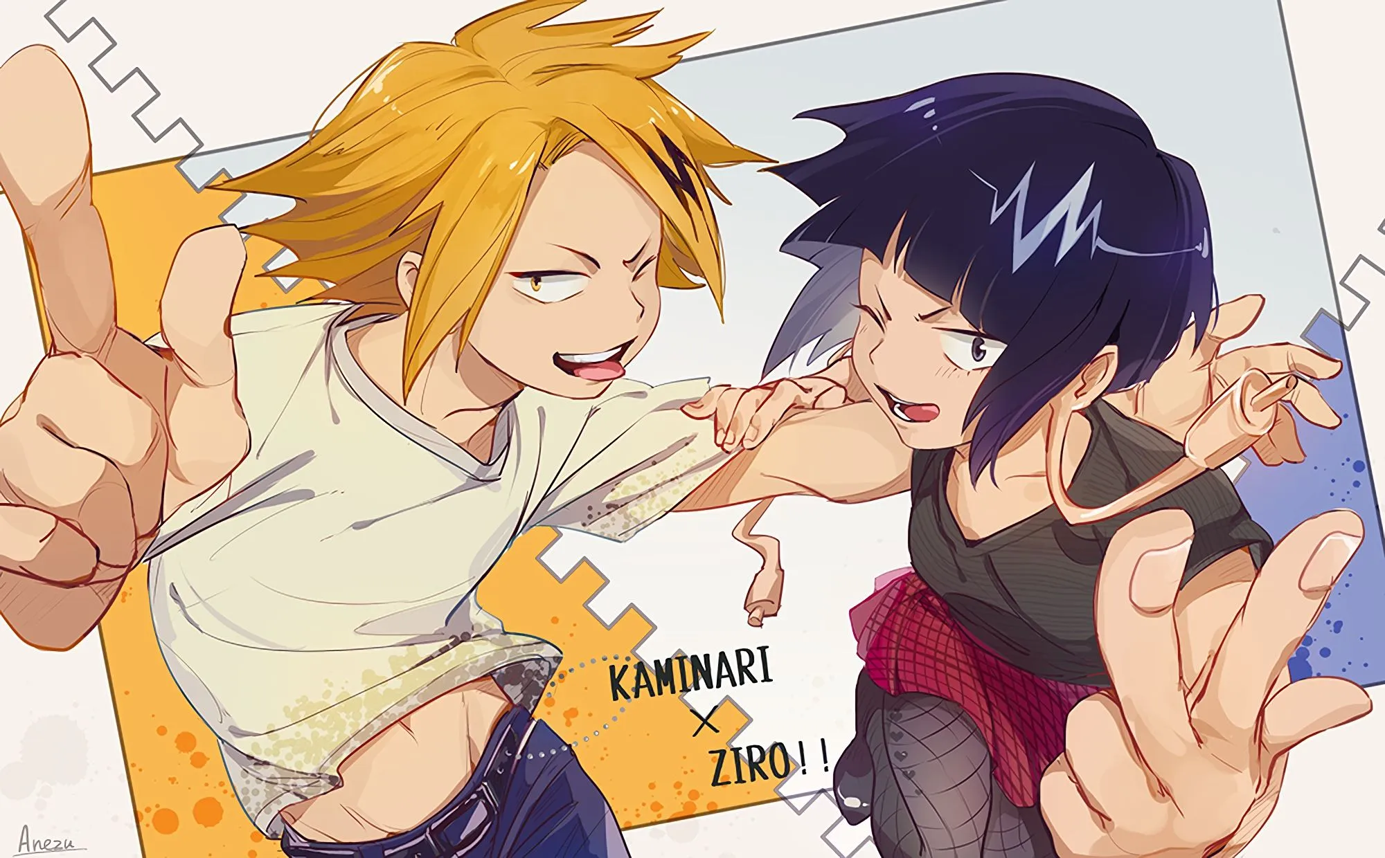 Desktop wallpaper: My Hero Academia, Denki Kaminari, Anime, Belt, Blonde, Fishnet, Kyōka Jirō, Pantyhose, Peace Sign, Purple Eyes, Purple Hair, Skirt, Smile, Wink, Yellow Eyes 4K free download for PC. 418384
