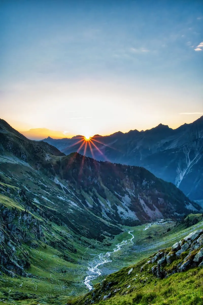 Mountains, rocks, slope, rays, sky, sunrise, nature, HD phone wallpaper
