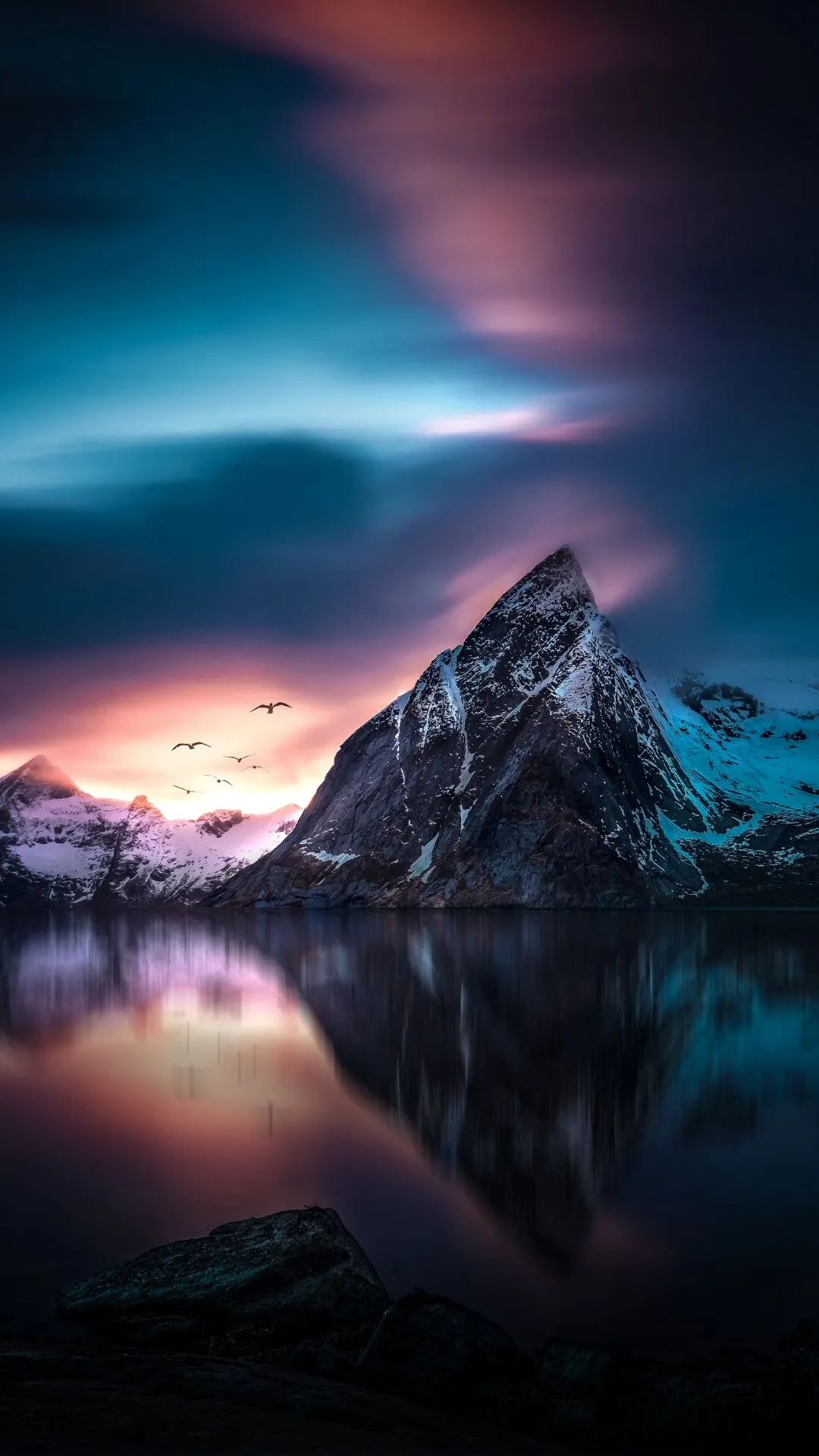 Mountains Wallpaper 4K, Peak, Lake, Reflection, Winter