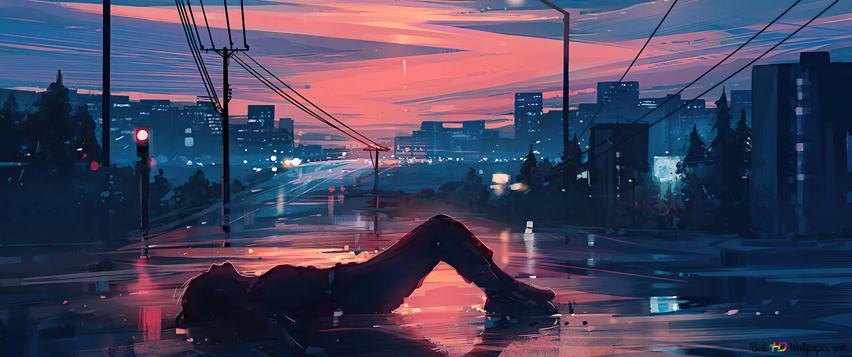 Sad lonely girl lying on the highway roads 4K wallpaper download