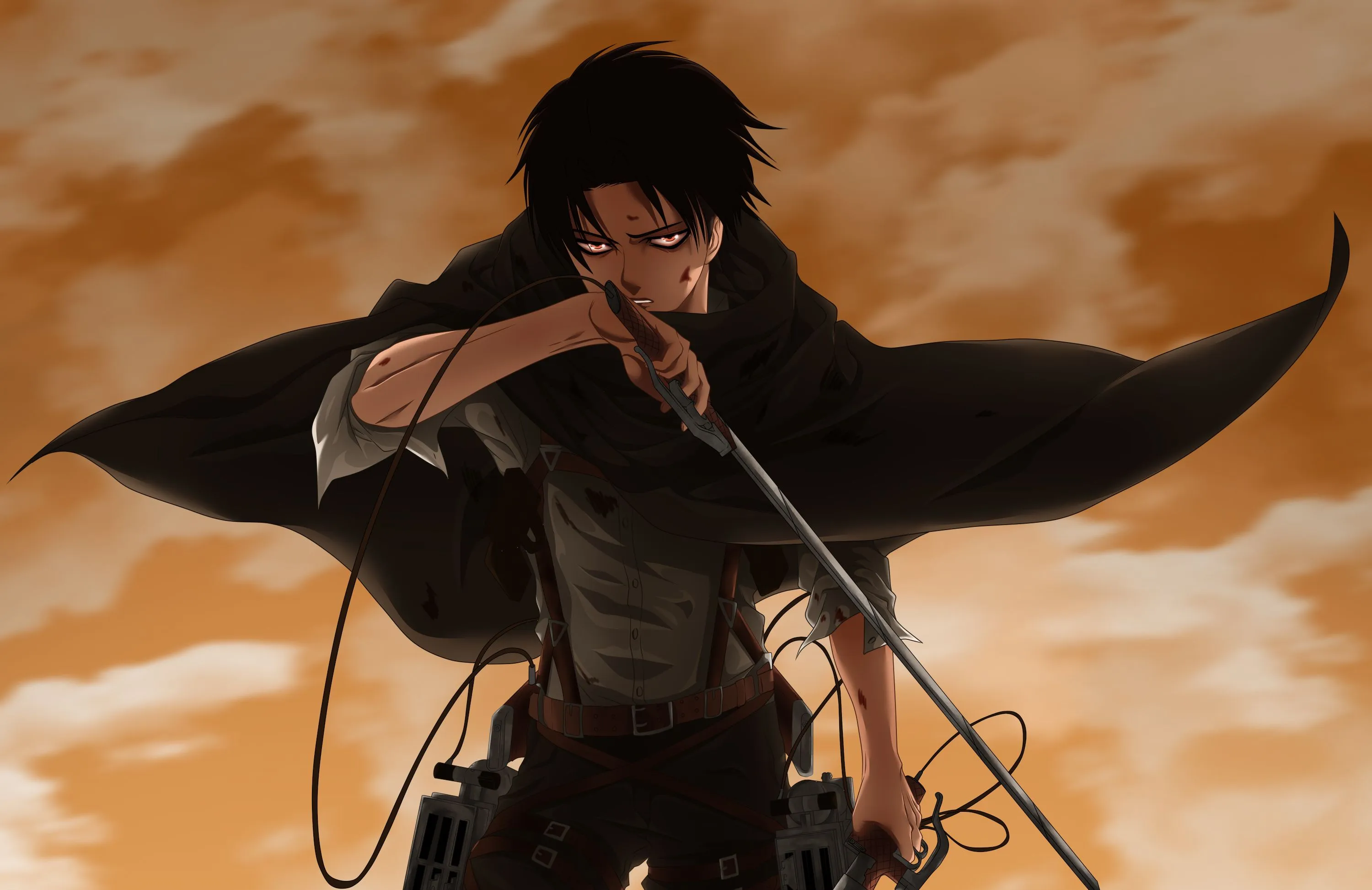 Desktop wallpaper: Attack On Titan, Levi Ackerman, Anime, Black Hair, Red Eyes, Sword 4K free download for PC. 440245