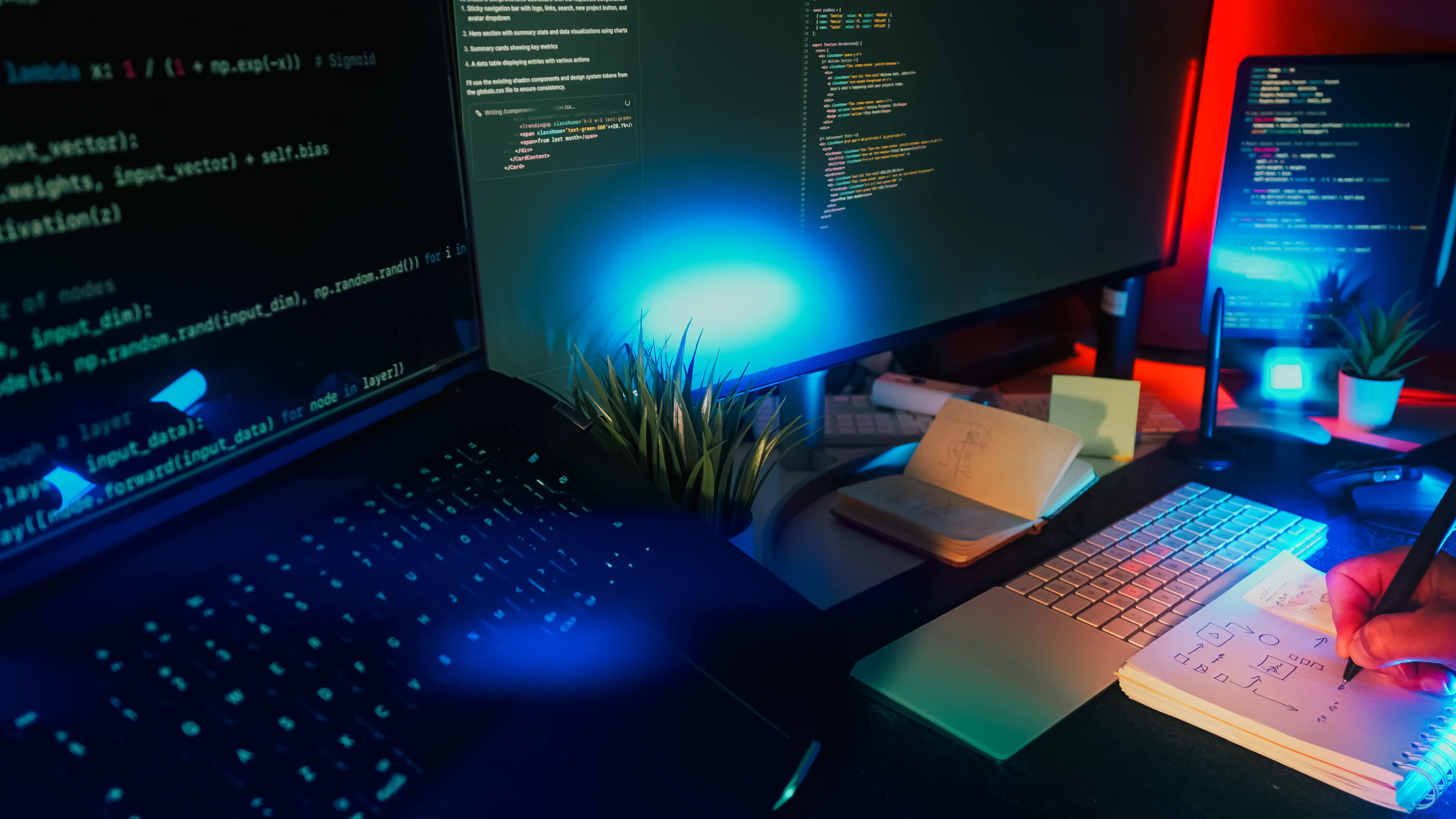 Computer screens displaying code with neon lighting. photo
