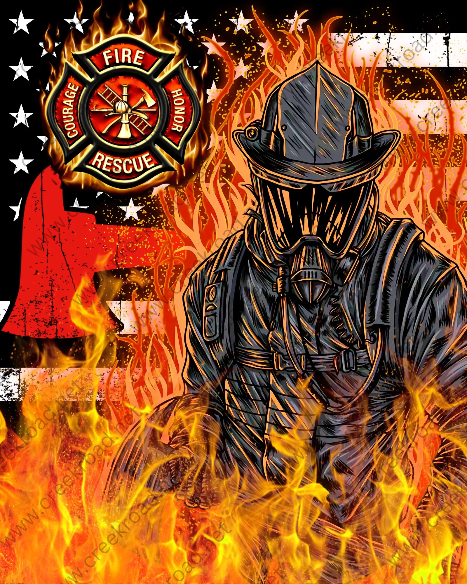Masked Firefighter Fire Rescue With Burning American Flag Background Wreath Sign 8 X 10 Square Sublimation Occupational Everyday Decor