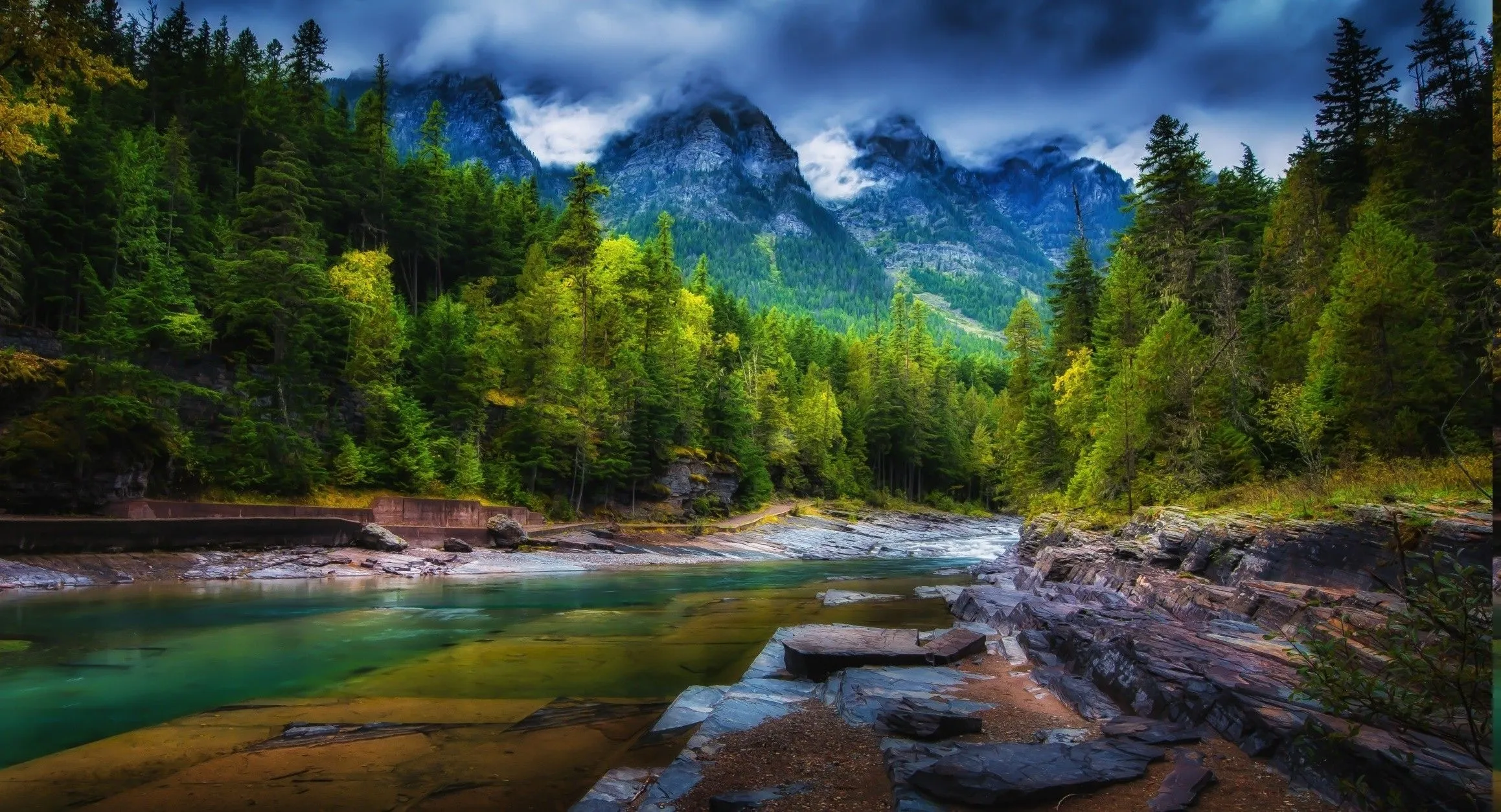 mountain, Clouds, Forest, River, Trees, Spring, Green, Nature, Landscape Wallpaper HD / Desktop and Mobile Background