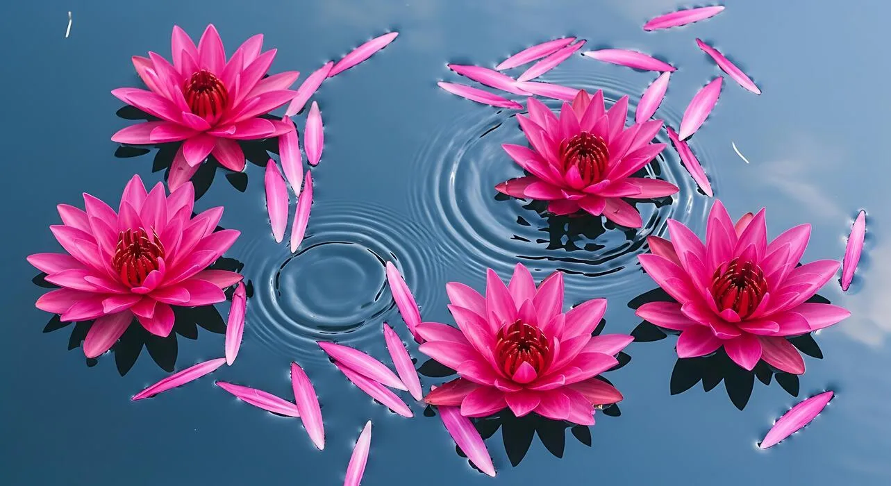 Pink Water Lilies Floating on Blue Rippled Water Desktop Wallpaper