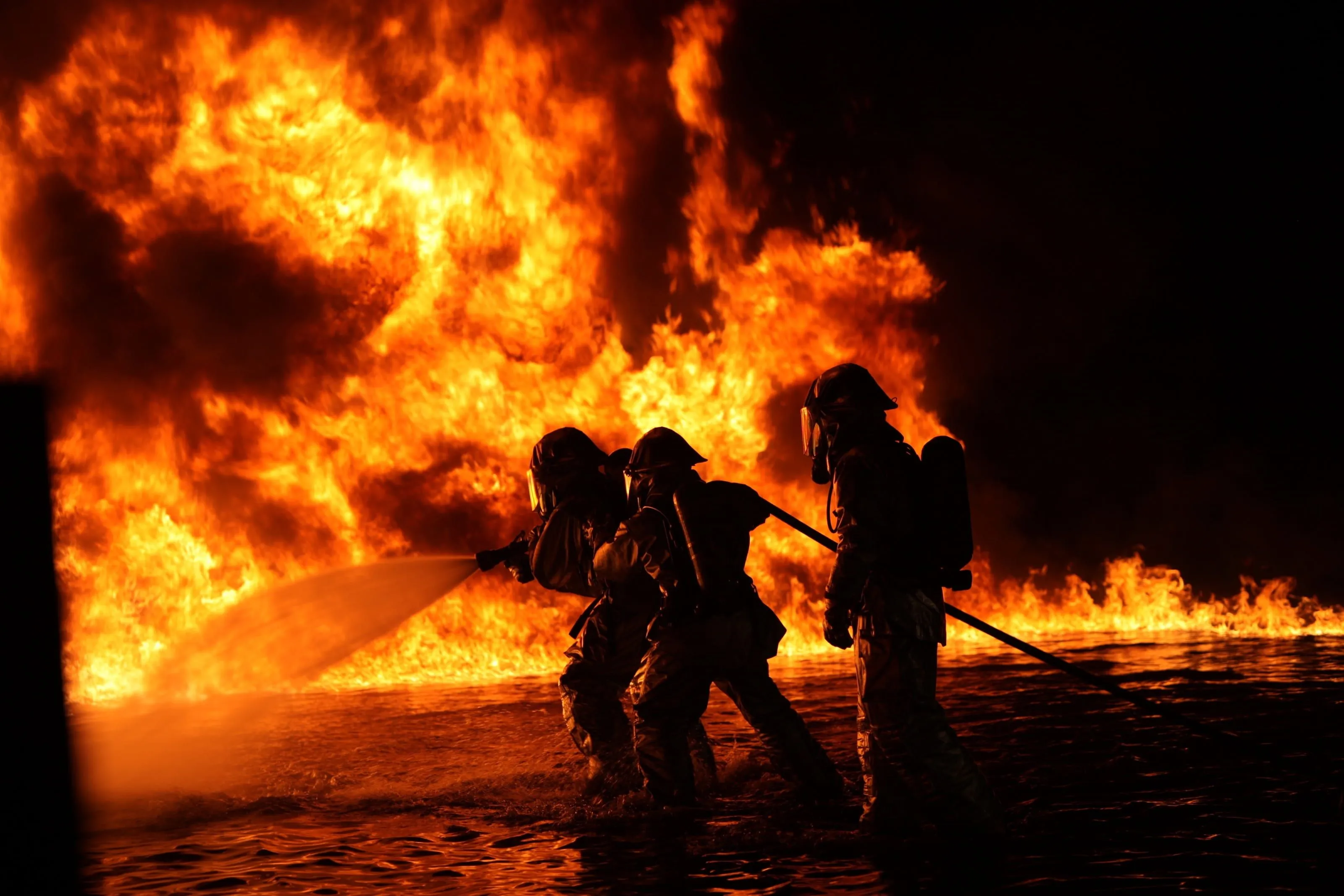 Royalty Free Photo: Silhouette Of Three Firefighters Surrounded