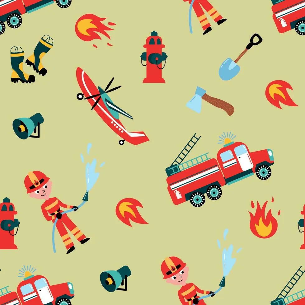 Fireman seamless pattern. Fireman, hydrant, fire helicopter, fire plane. Design for fabric, textile, wallpaper, packaging