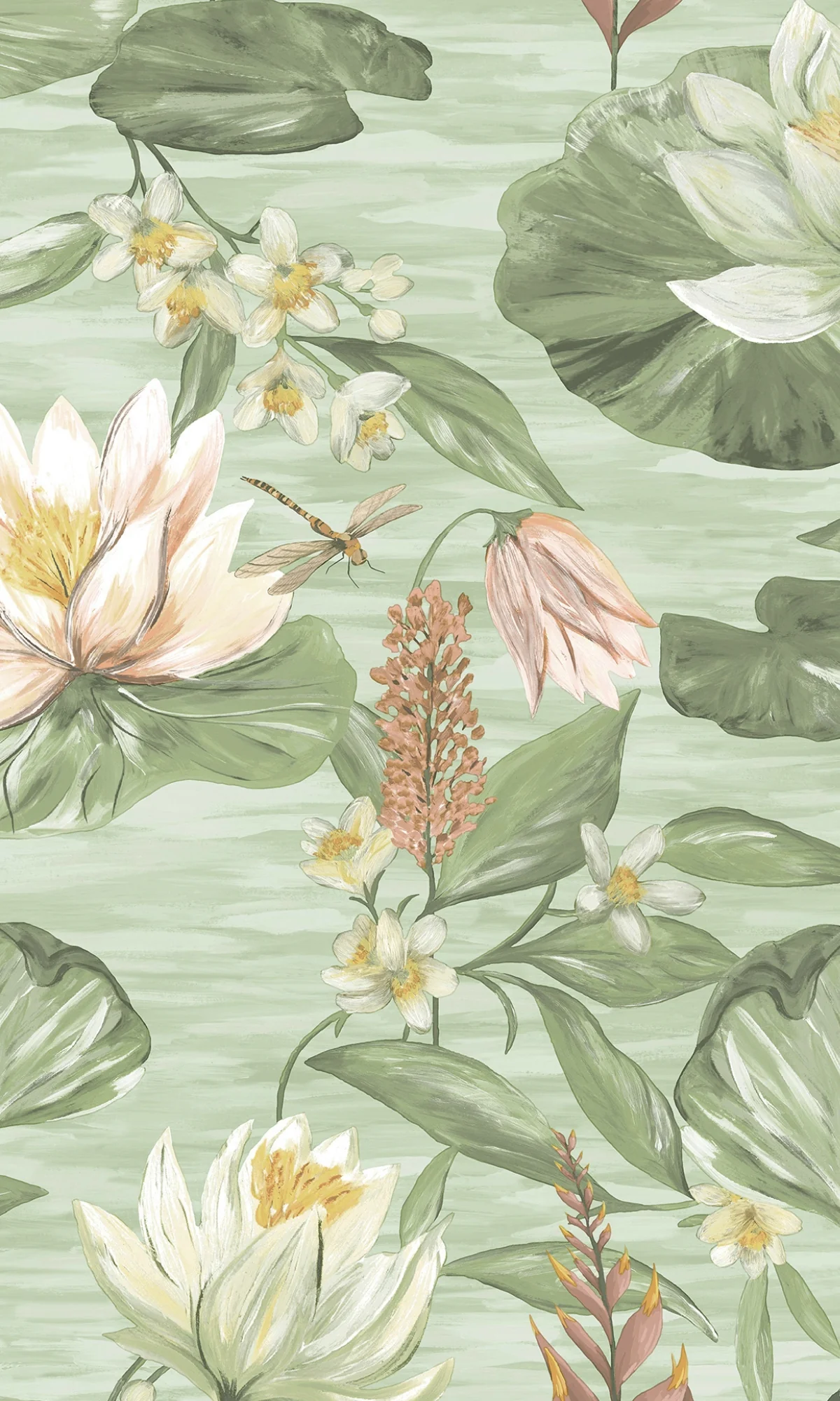 Green Painted Waterlily Floral Wallpaper R8803